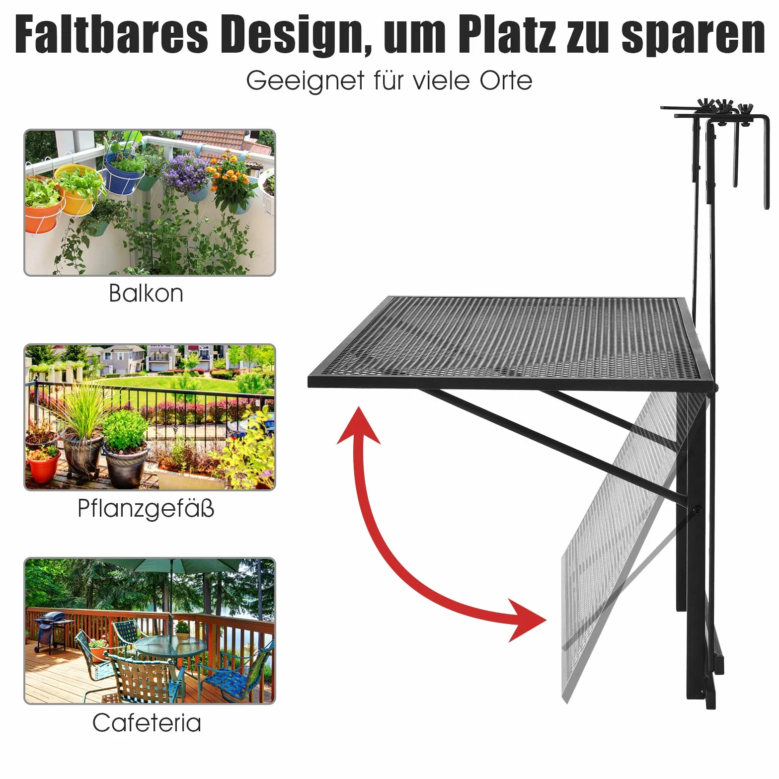 COSTWAY Składany stół balkonowy, wiszący, 5-stopniowa regulacja wysokości, z metalu, prostokątny, nośność 20 kg, 60,5 x 40,5 cm