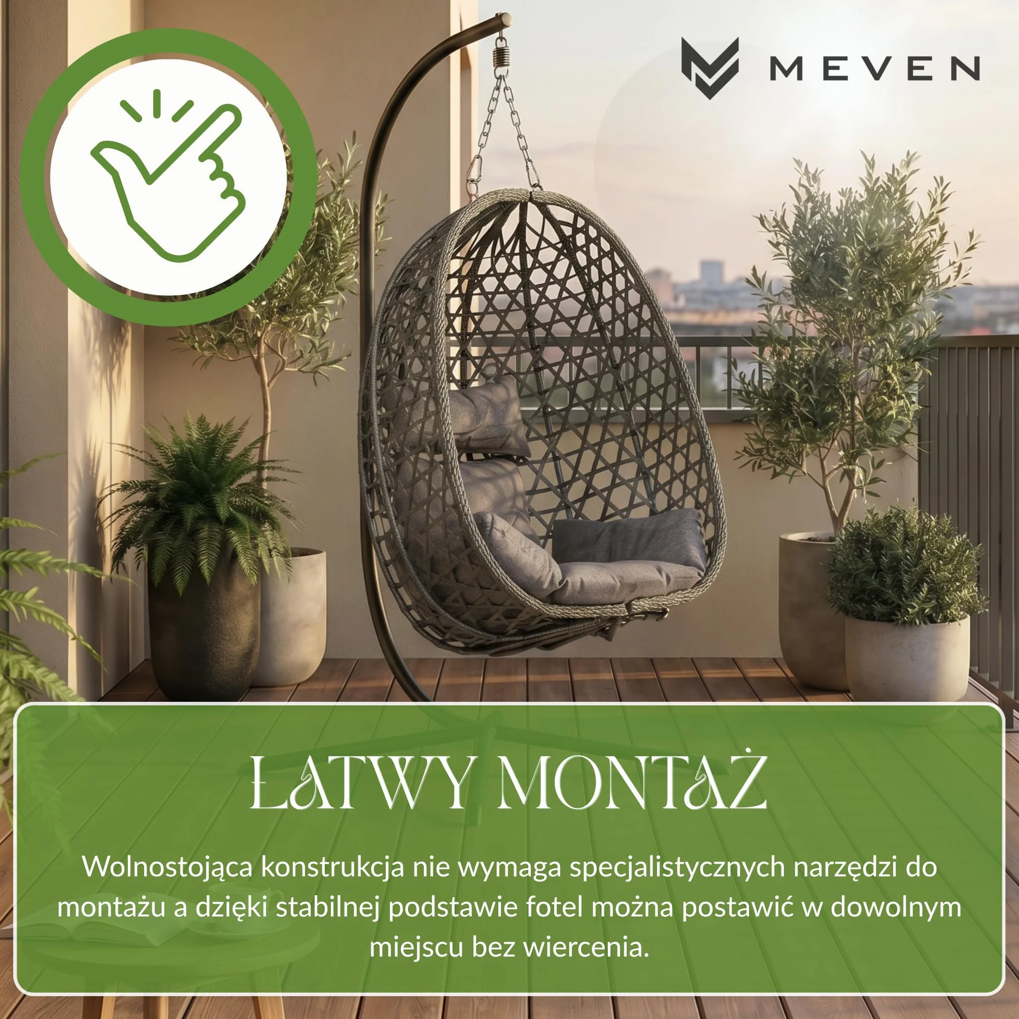 MEVEN AURA | Grafitowy Fotel Wiszący Ogrodowy Kokon na Stelażu | Kosz Technorattanowy Poduszki XXL Obciążenie 110kg | Nowoczesna Huśtawka na Taras Balkon i do Salonu Relaks Meble Ogrodowe Premium