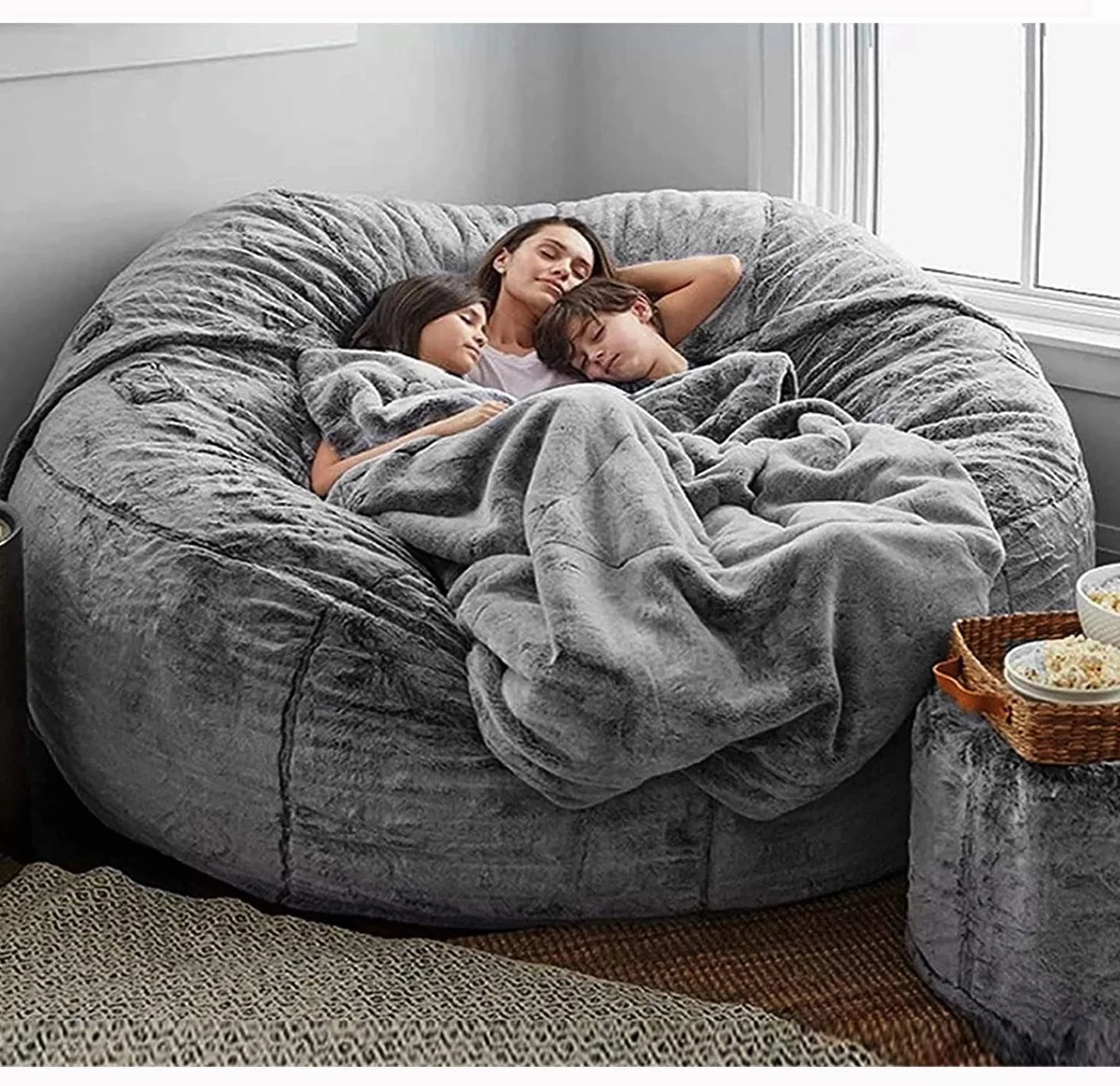 Giant Bean Bag 8ft Pokrowiec na Krzesło (bez wypełniacza) - Puszysty Futerkowy Worek Fasoli, Okrągły Leniwy Sofa na Łóżko (Color: Beige)