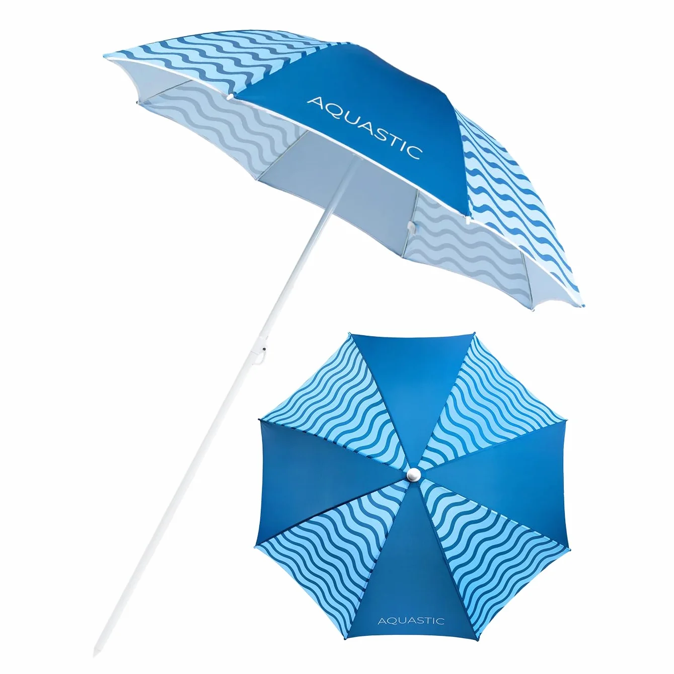 AQUASTIC OMBRELO Niebieski parasol plażowy, wiatroszczelny, stabilny parasol na plażę i do ogrodu, trwałe materiały, łatwy do złożenia i transportu, kompaktowy, 160 x 190 cm