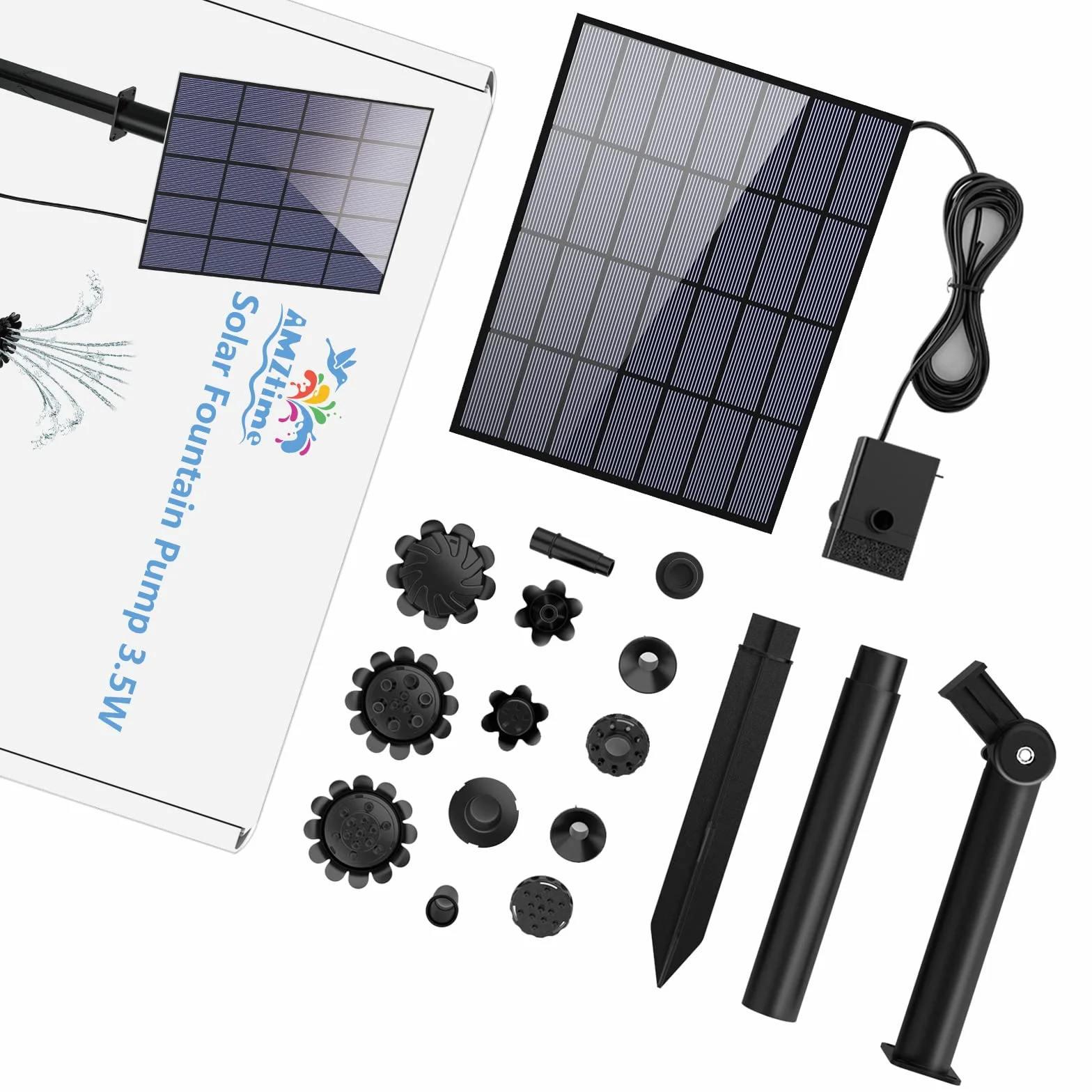AMZtime Fontanna solarna 3,5 W "zrób to sam" z przewodem wodnym 1,5 m i słupkiem, ulepszona pompa do stawu, fontanna solarna z 17 efektami, solarna pompa wodna, fontanna do stawu ogrodowego, ptaków,