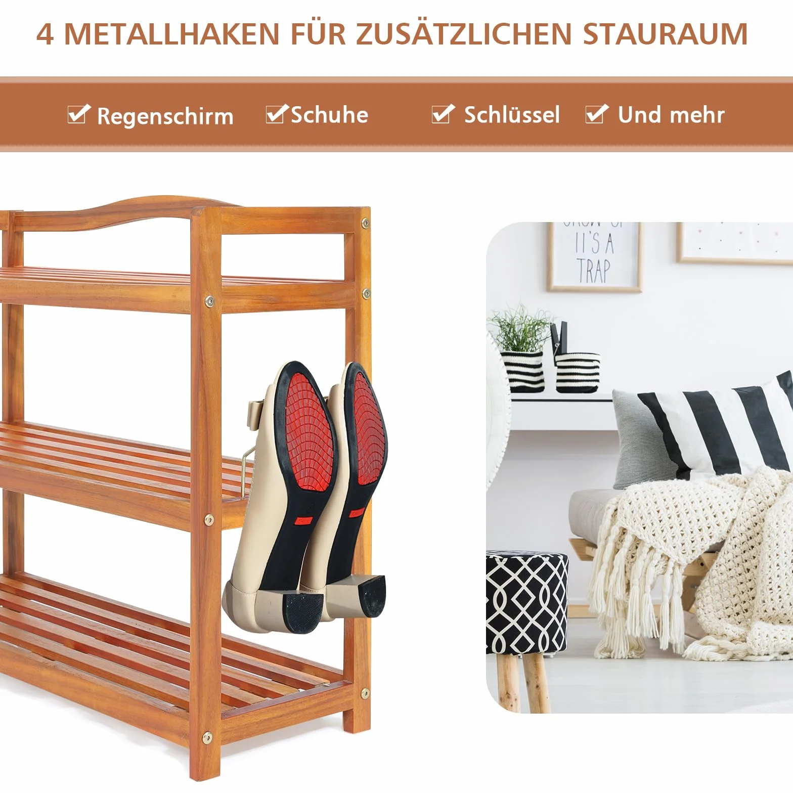 COSTWAY Regał na buty z drewna akacjowego 74x26 cm stojący na 12-18 par