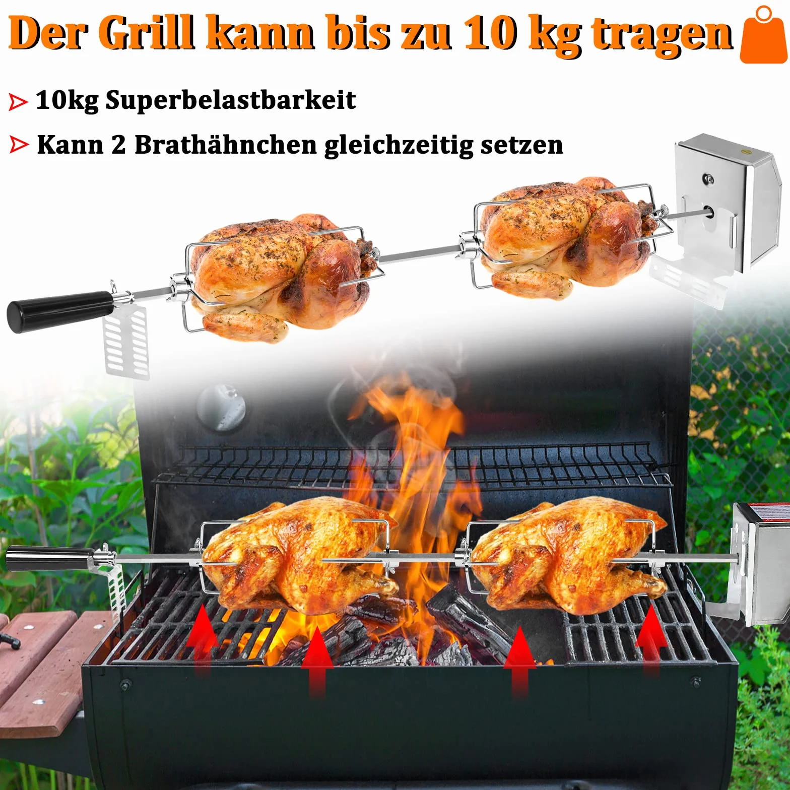 UISEBRT Rożen do grilla z silnikiem 220-240 V, ze stali nierdzewnej, obrotowy rożen do grilla gazowego i rożna, w zestawie 2 x szpikulec do mięsa, 107 cm