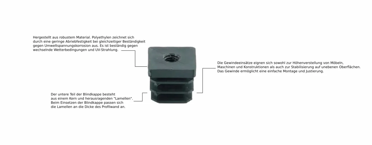 Zatyczki gwintowane czworokątne 25 x 25 mm z gwintem wewnętrznym M10 do grubości ścianki 1,5 mm - czarne z tworzywa sztucznego PE - zatyczki do rur do pokrycia rur stalowych, rur ze stali nierdzewnej,