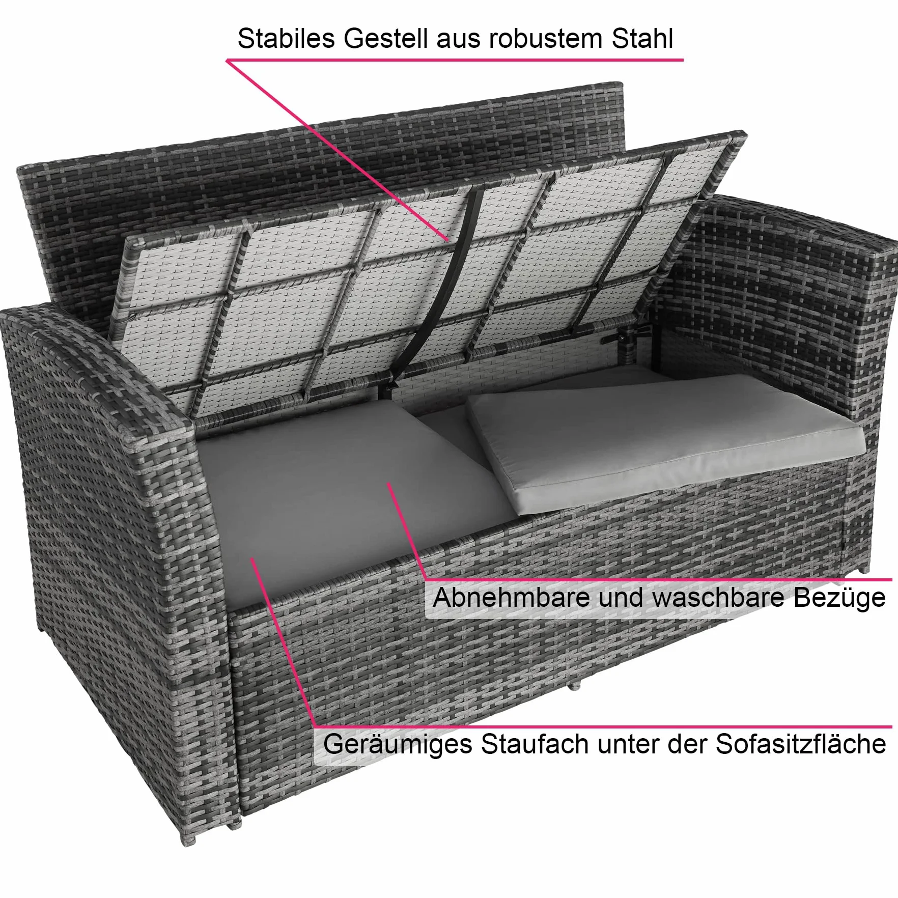 tectake® Zestaw Mebli Ogrodowych z Technorattanu Modena,Wysokiej Jakości, UV-Odporny, Wodoodporne Poduszki, Stalowa Rama, Stół ze Szkła Hartowanego, Przestronny Schowek - szary