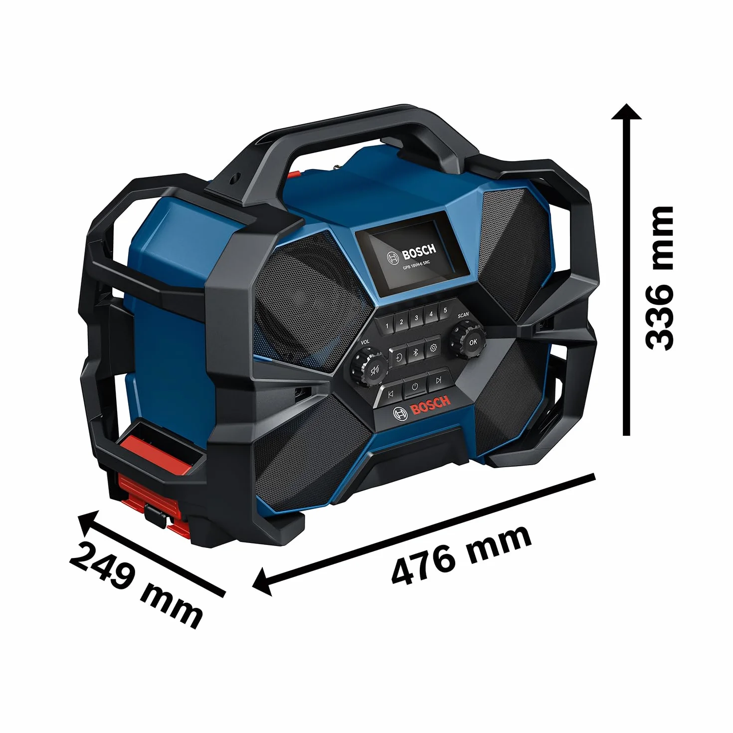 Bosch Professional 18 V / 12 V firmy Bosch: akum. radio budowlane GPB 18VH-6 SRC (ładowanie akum. 18 V i 12 V w narzędziu, otwieracz do butelek, 2 baterie AAA, folia ochr. na ekran, bez akum./ład.)