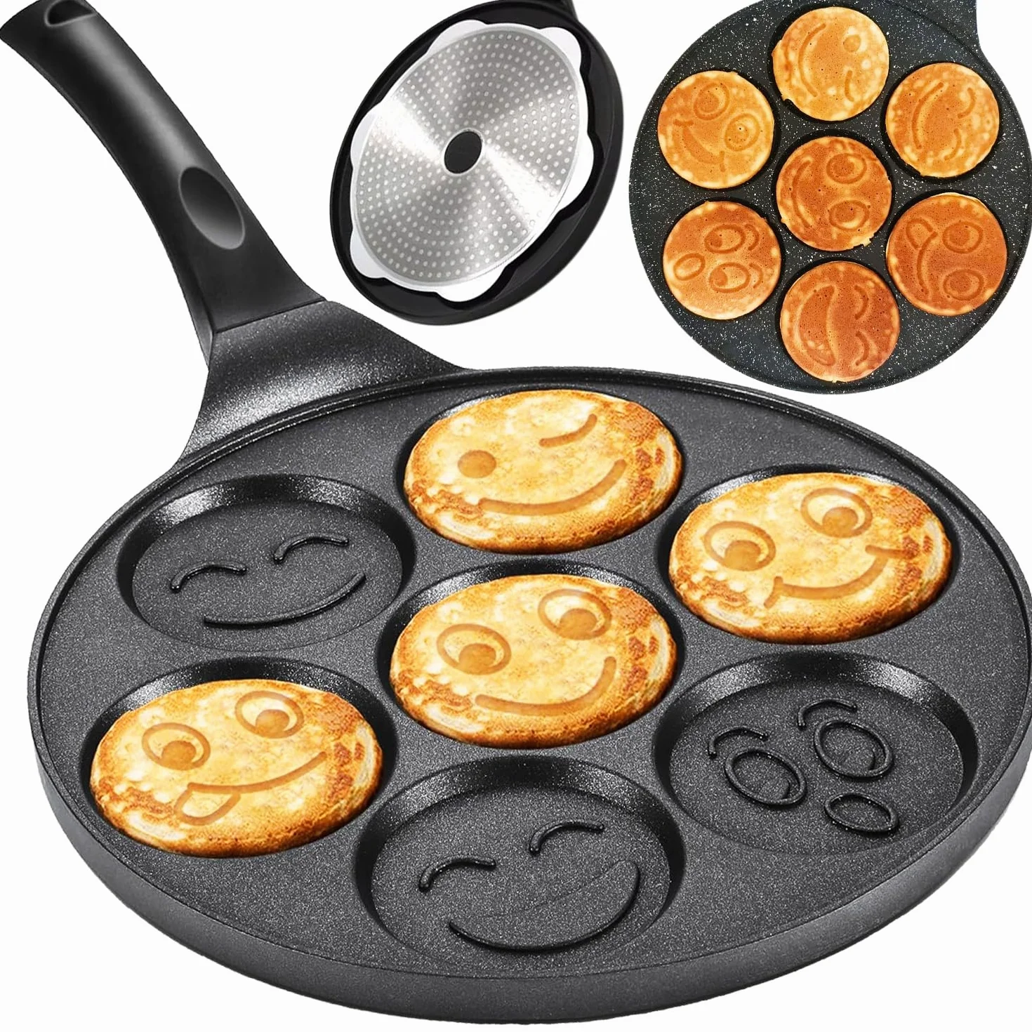 Patelnia do naleśników 7 foremek Smileys 26,5 cm nieprzywierająca marmurowa aluminiowa do indukcji i gazu