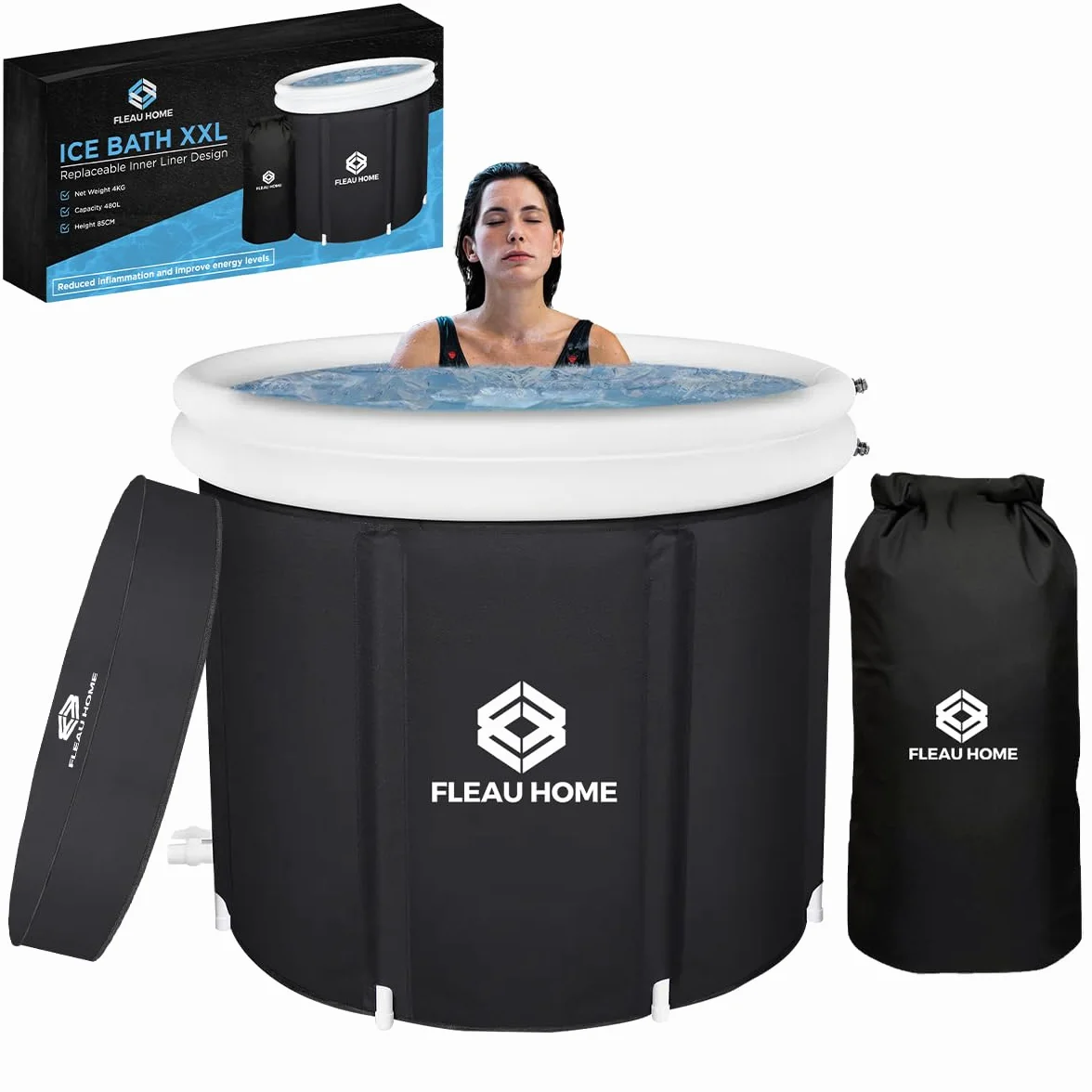Fleau Home Kąpiel lodowa XXL PRO – basen z pokrywą i pompką – unikalny model izolacyjny – podwójna poduszka do siedzenia – wanna nadmuchiwana – wanna – nadmuchiwana – metoda Wim Hof