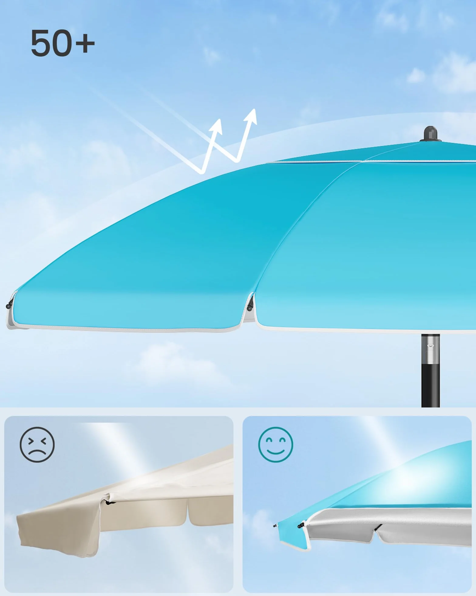 SONGMICS Parasol 200 cm, parasol plażowy, ochrona przeciwsłoneczna UPF 50+, składany do 30° z obu stron, regulowana wysokość, miejsce do przechowywania, na plażę, bez stojaka, niebieski GPU0082Q01