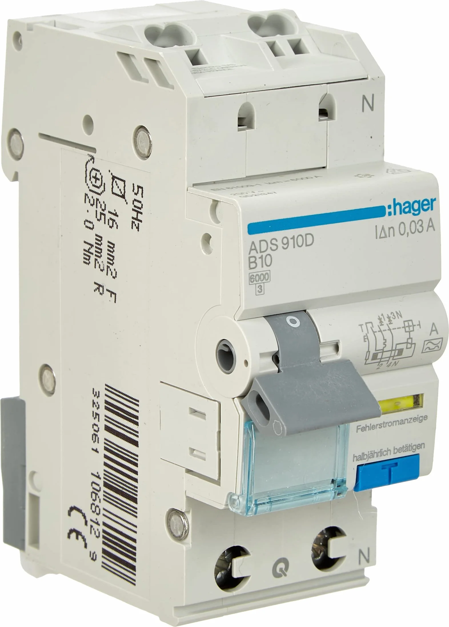 HAGER ADS910D FI-LS 1P+N 6Ka B-10A 30Ma A QC