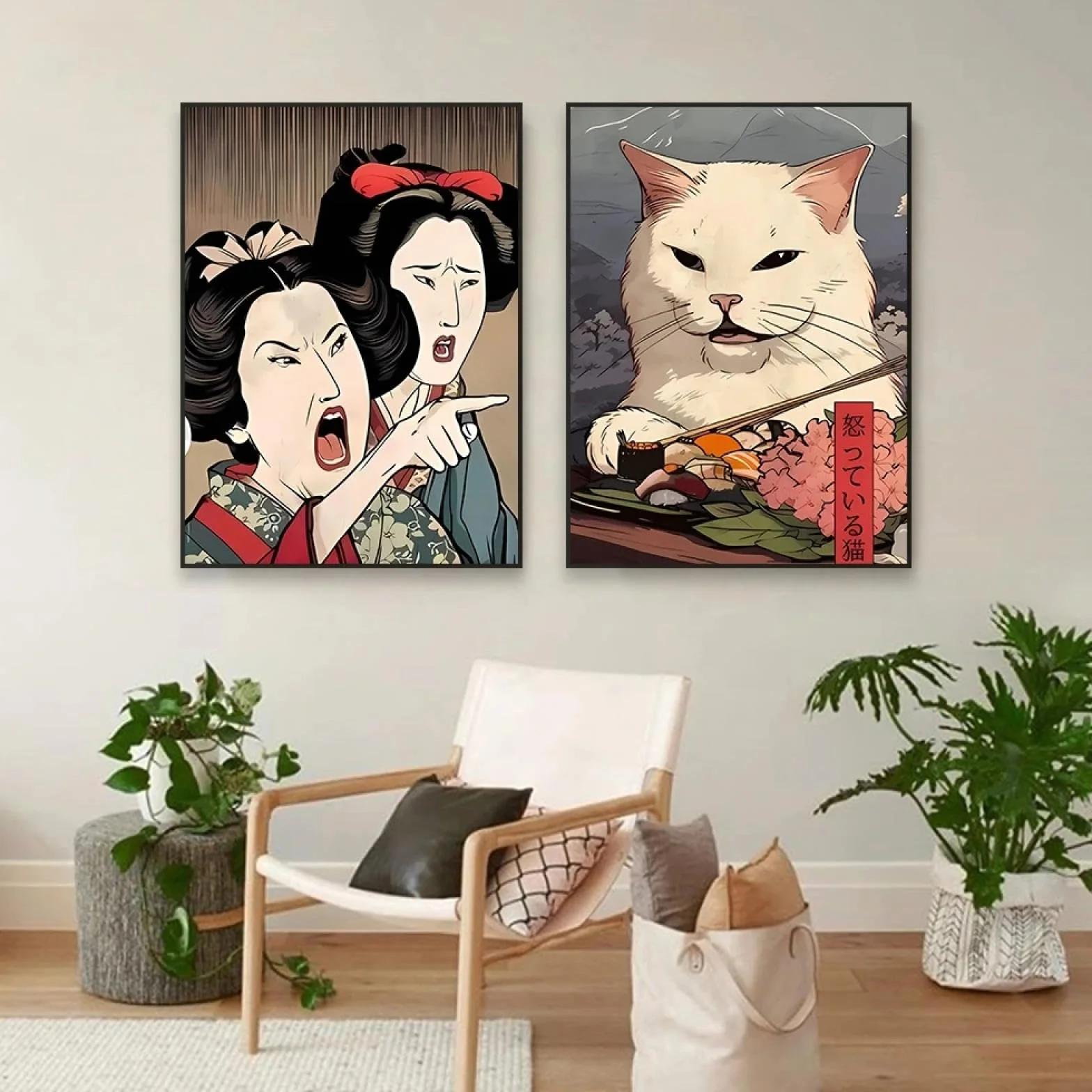 CHAOJIART Zabawny japoński kot sushi sztuka ścienna wydruk plakat nowoczesna sztuka ścienna retro urocze zwierzę sztuka ścienna płótno obraz jadalnia dekoracja 40 x 60 cm (16 x 24 cale) x 2 bez ramy