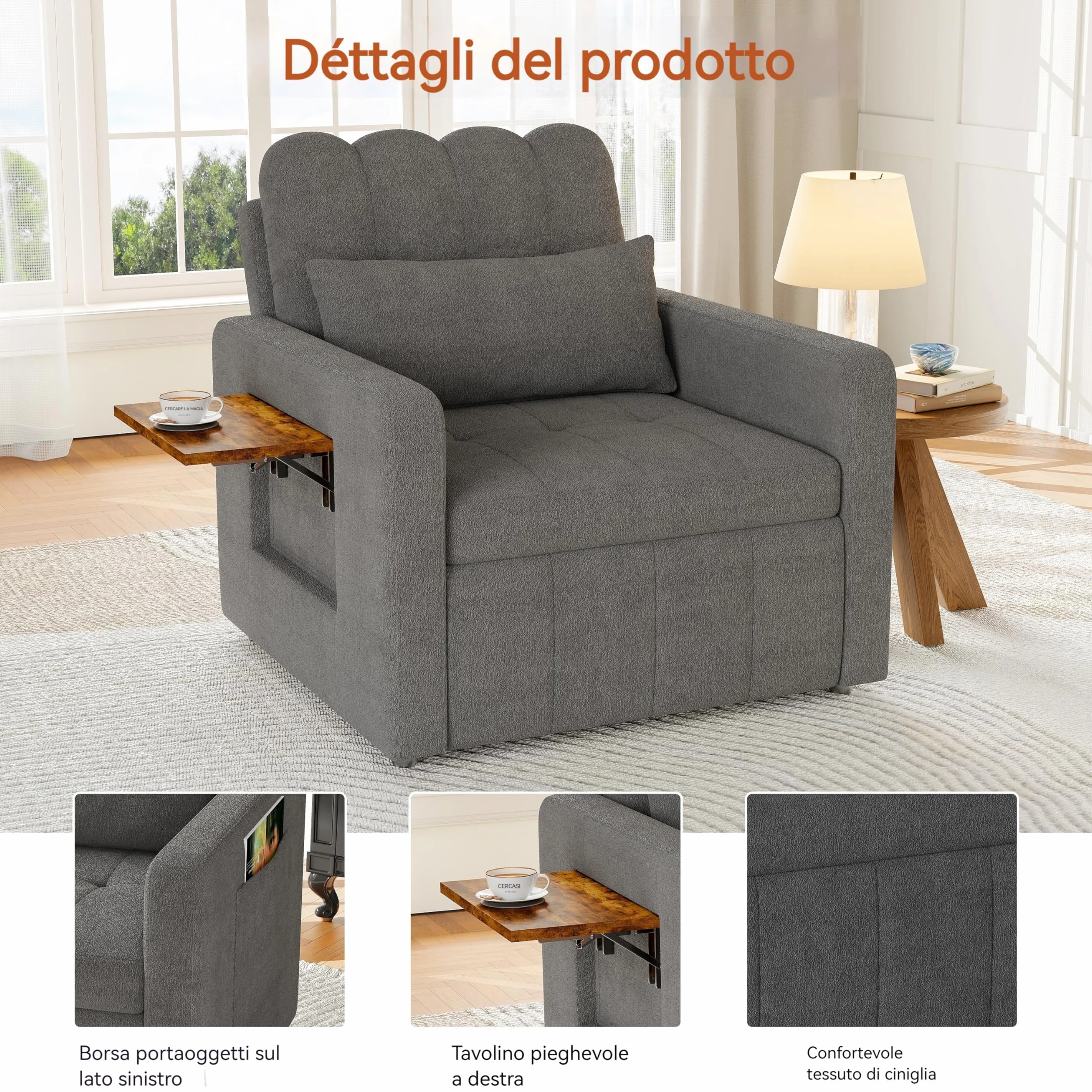 Fotel do spania 3 w 1, konwertowalne krzesło do spania z funkcją łóżka, rozkładana sofa ze składanymi stolikami do herbaty, pojedyncza sofa do spania, regulowany fotel z poduszką (szary, 190 x 108 x