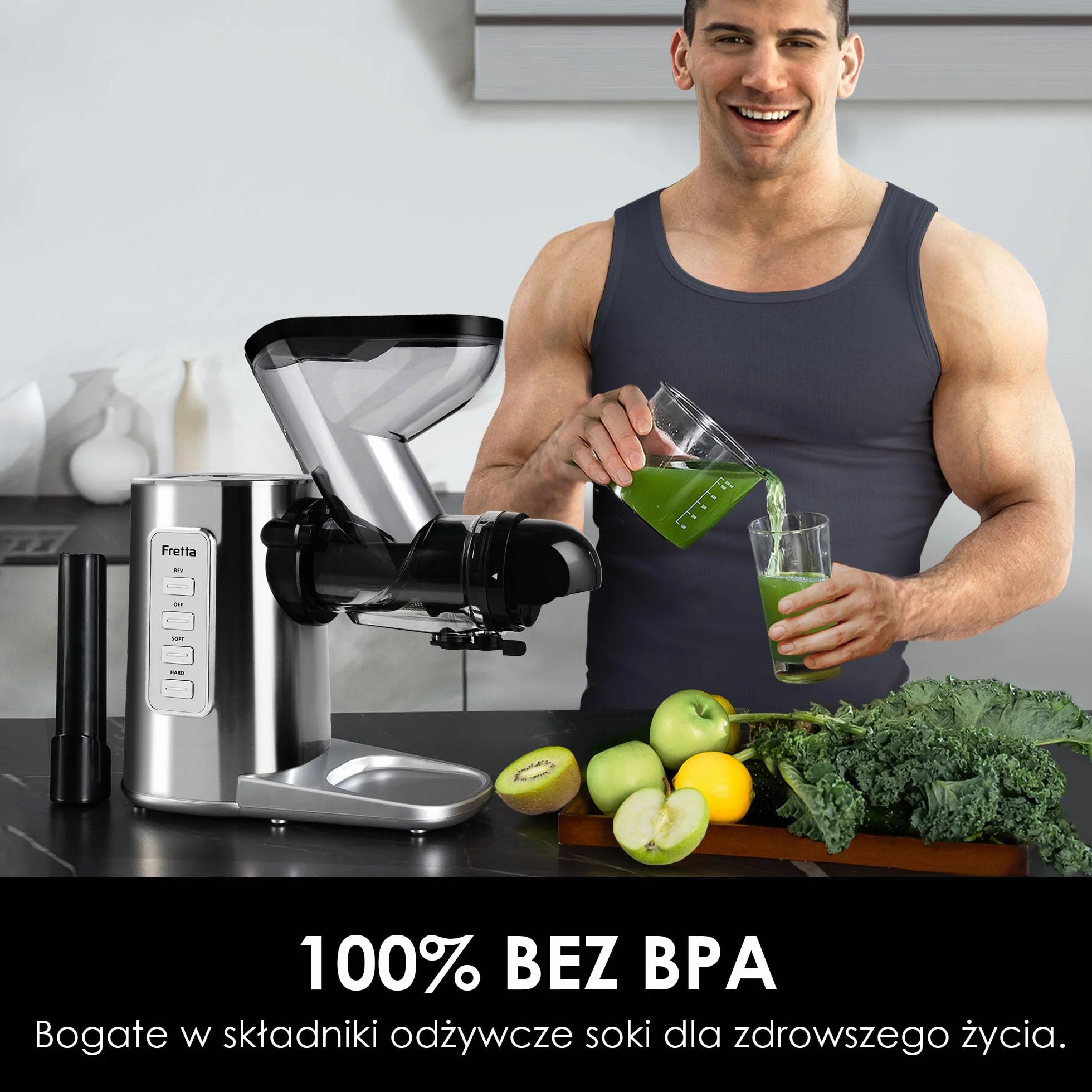 Fretta Wyciskarka Wolnoobrotowa Cold Press Stal Nierdzewna 200W Szeroki Otwór 76mm Bez BPA