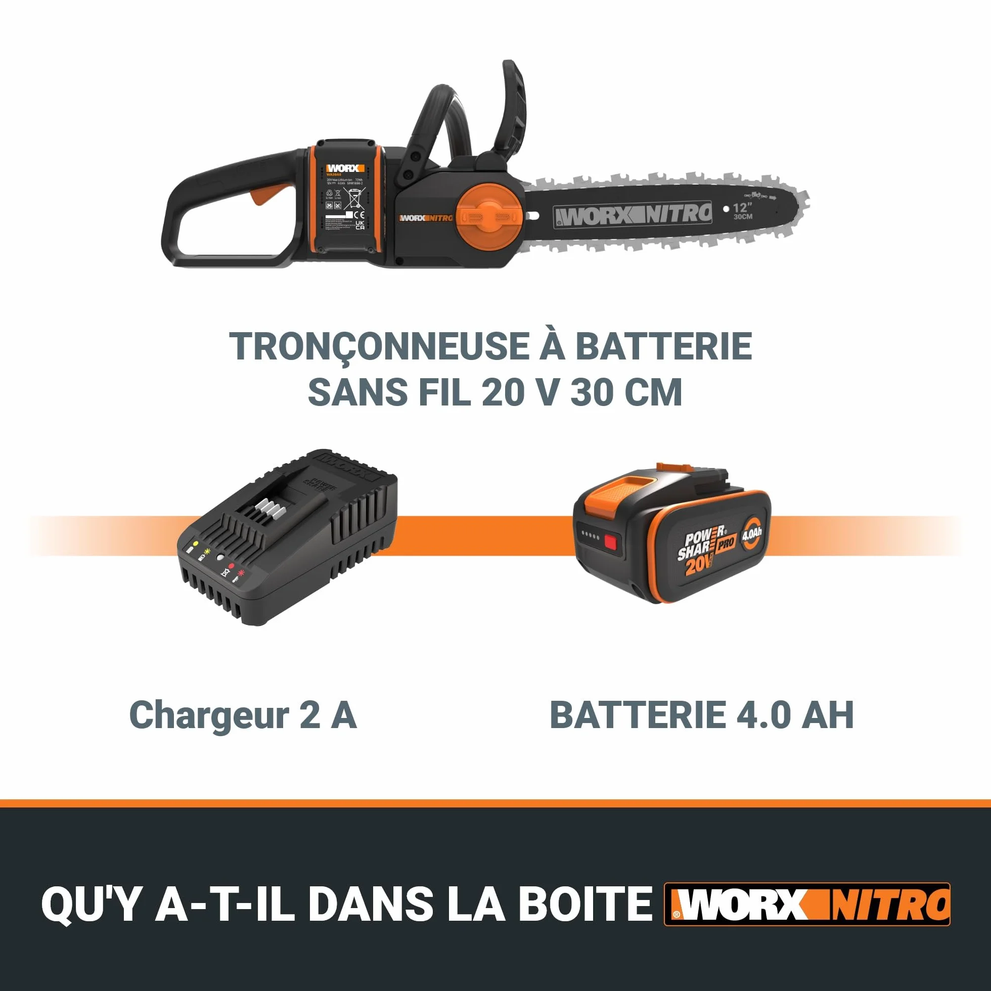 WORX WG350E Nitro profesjonalna akumulatorowa piła łańcuchowa 20 V – wydajna piła do drewna – długość cięcia 10 m/s – 30 cm – kompaktowa i bezpieczna – automatyczne smarowanie – łatwe napinanie