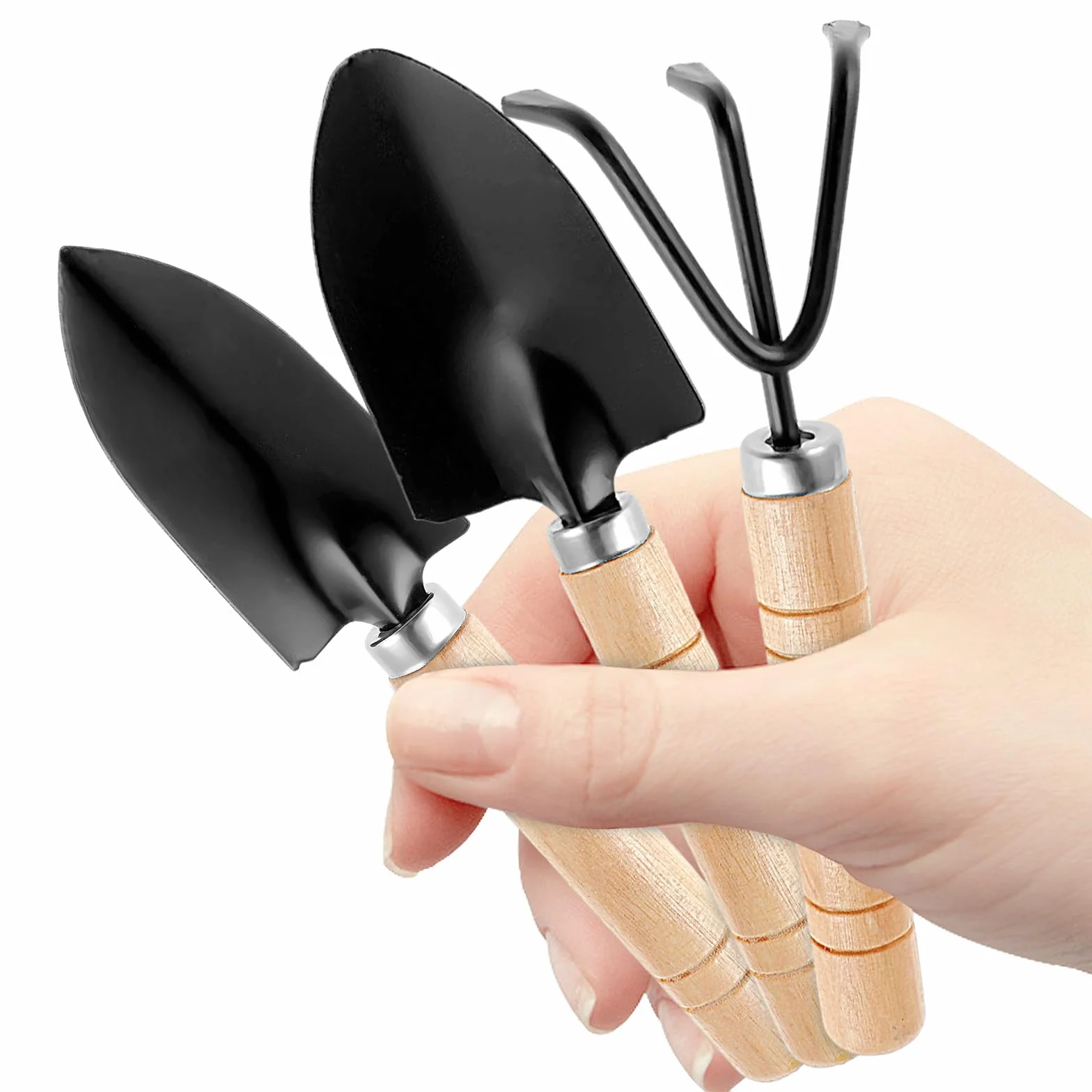 COMNICO Zestaw narzędzi ogrodowych, wytrzymała, żelazna, mała łopatka do sadzenia, mini łopatka ręczna z ergonomicznym antypoślizgowym drewnianym uchwytem, prezenty dla mężczyzn i kobiet, 3 szt