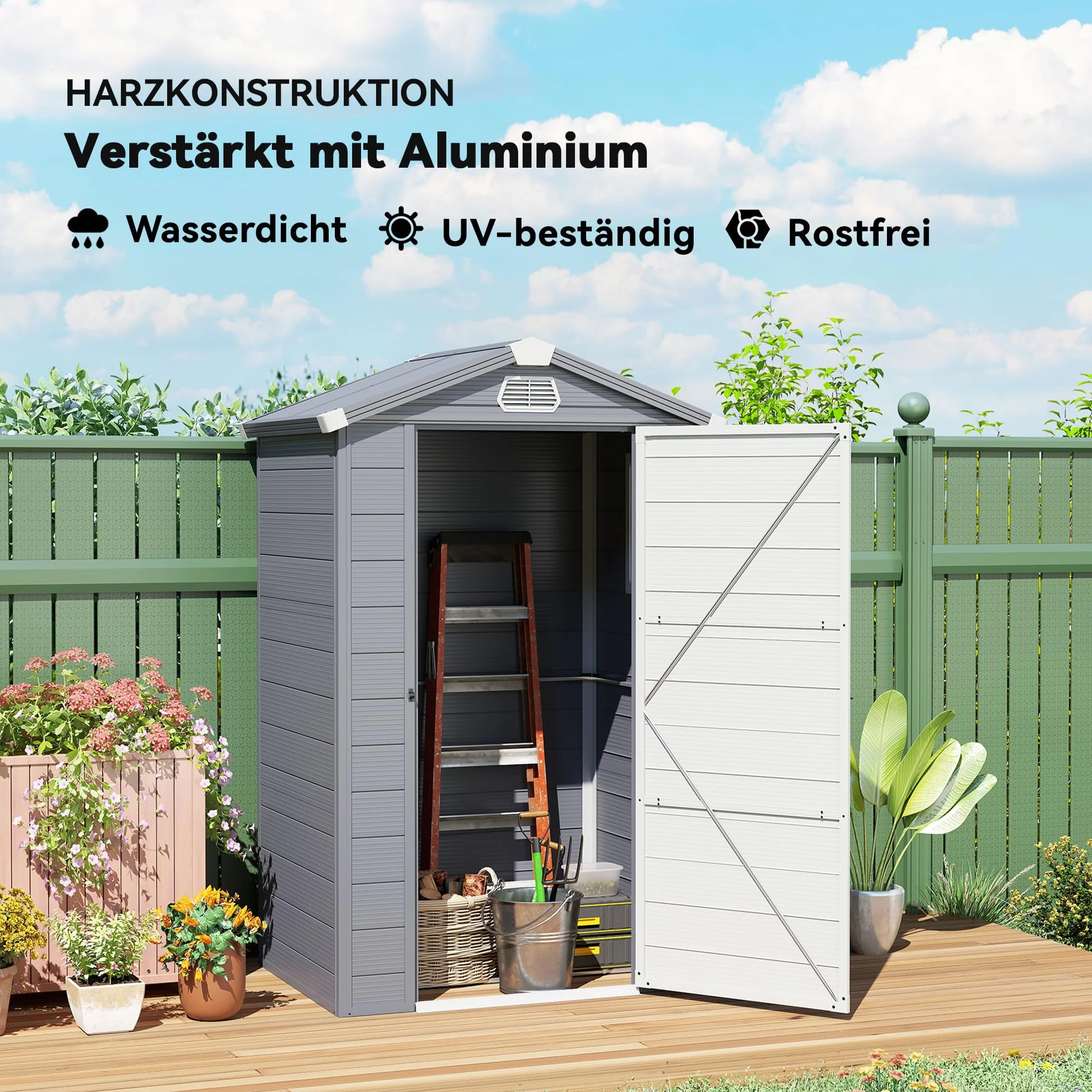 Outsunny Domek na narzędzia 1,1 m², szopa na narzędzia z dachem dwuspadowym, 133 x 102 x 208 cm, szopa z tworzywa sztucznego, z zamykanymi drzwiami, otworem wentylacyjnym, fundamentem, do ogrodu
