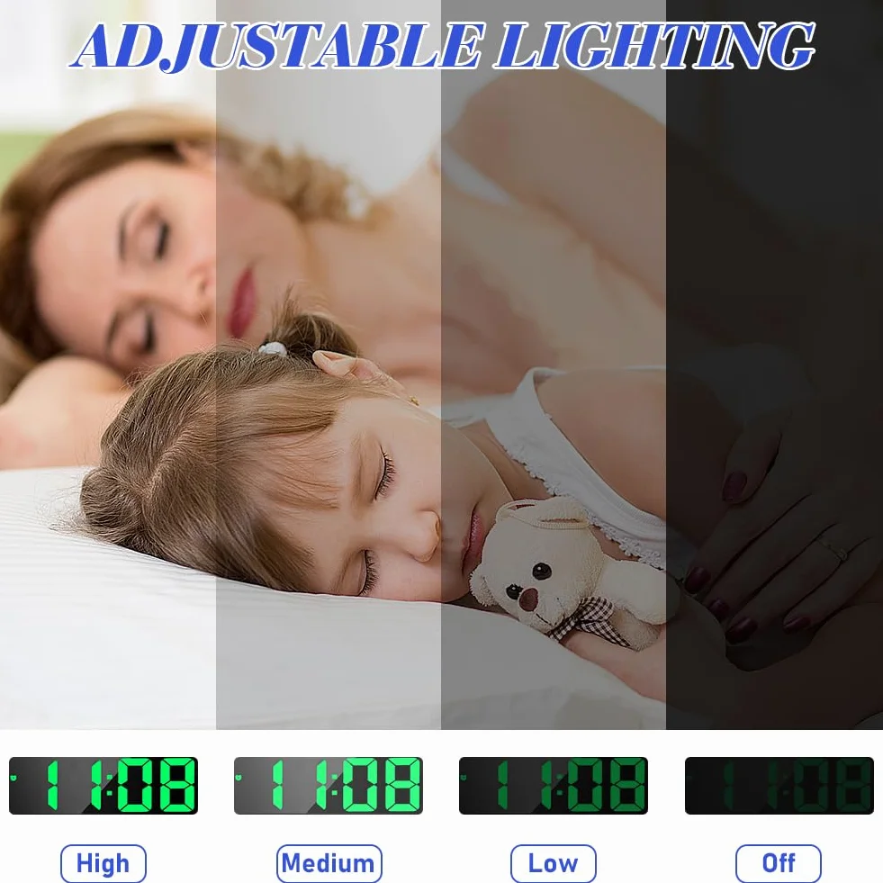 flintronic Cyfrowy budzik, cyfrowy budzik LED z dużymi cyframi, zegar stołowy z wyświetlaczem temperatury i alarmami, cyfrowy zegar zasilany przez USB, budzik nocny z funkcją drzemki/regulowanym