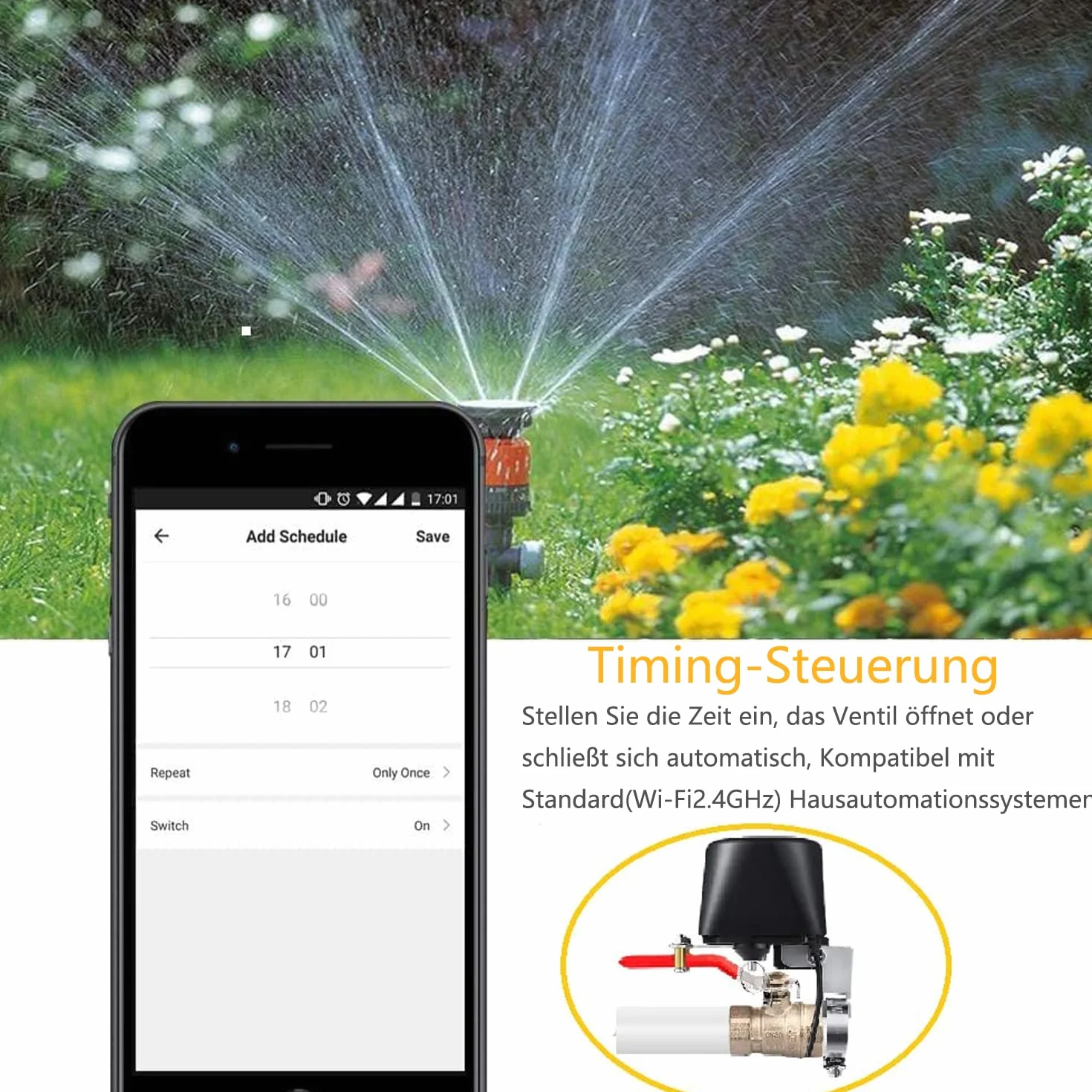UseeLink Inteligentny zawór wodny, sterowanie zaworem Wi-Fi, sterowanie nawadnianiem, zawór odcinający wodę, bezprzewodowy zawór Smart, kompatybilny z Alexa i Google, nie wymaga koncentratora