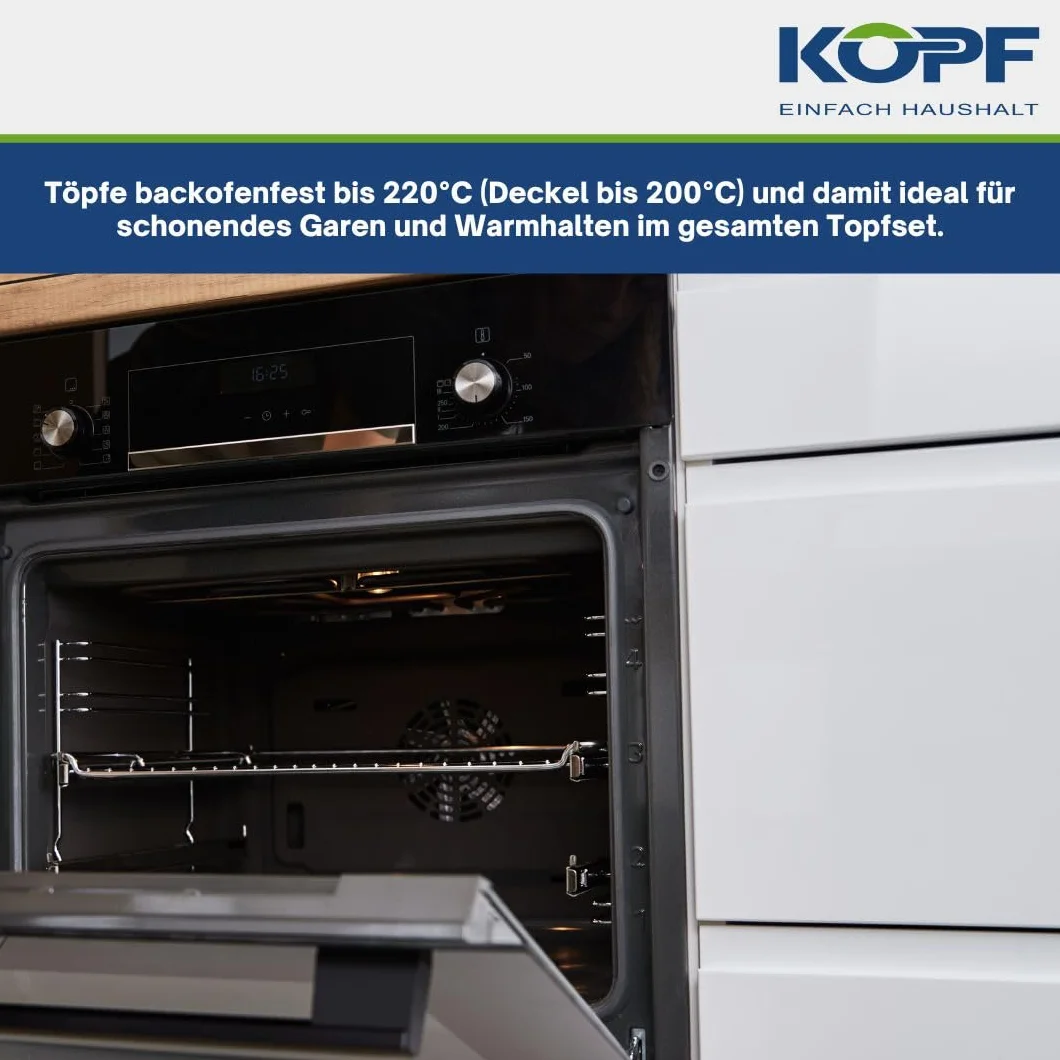 KOPF Clara 8-częściowy zestaw garnków indukcyjnych | nadaje się do piekarnika i zmywarek | zestaw garnków do wszystkich rodzajów kuchenek | 4 garnki, 1 rondel, 3 szklane pokrywki | skala litrów | stal