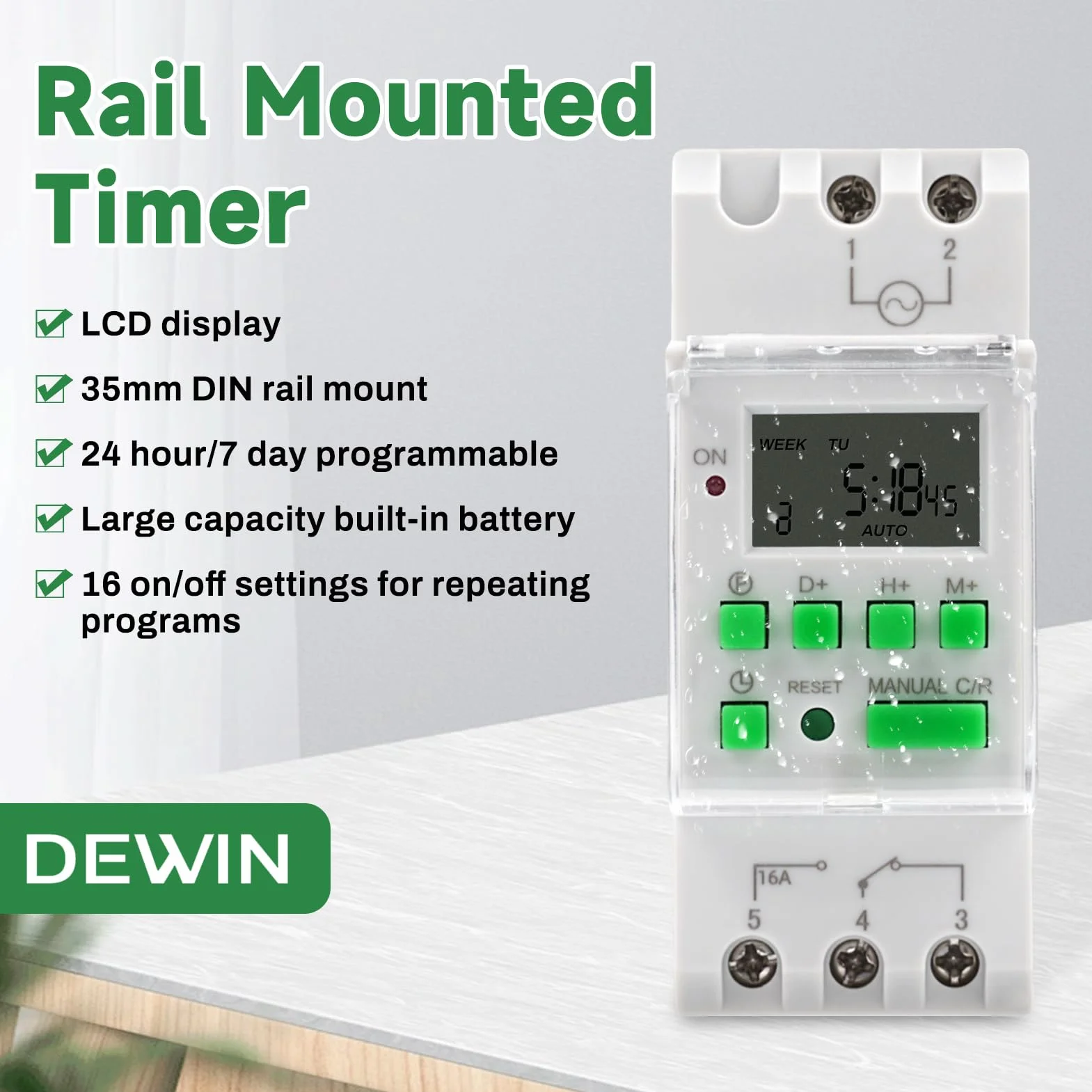 DEWIN Cyfrowy przełącznik czasowy do szyn DIN, cyfrowy przełącznik czasowy, programowalny tygodniowy elektroniczny timer AC 230 V