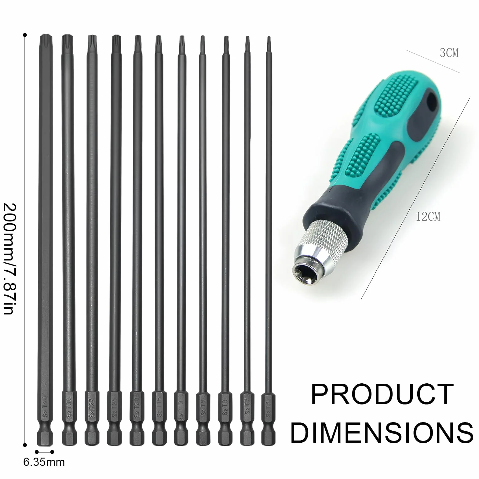 Zestaw 12 wkrętaków Torx długie, 200 mm Torx zestaw bitów długich z otworem, z uchwytem, magnetyczne bity do wkrętaków T6-T40, 1/4" sześciokątny trzpień do wkrętarki akumulatorowej