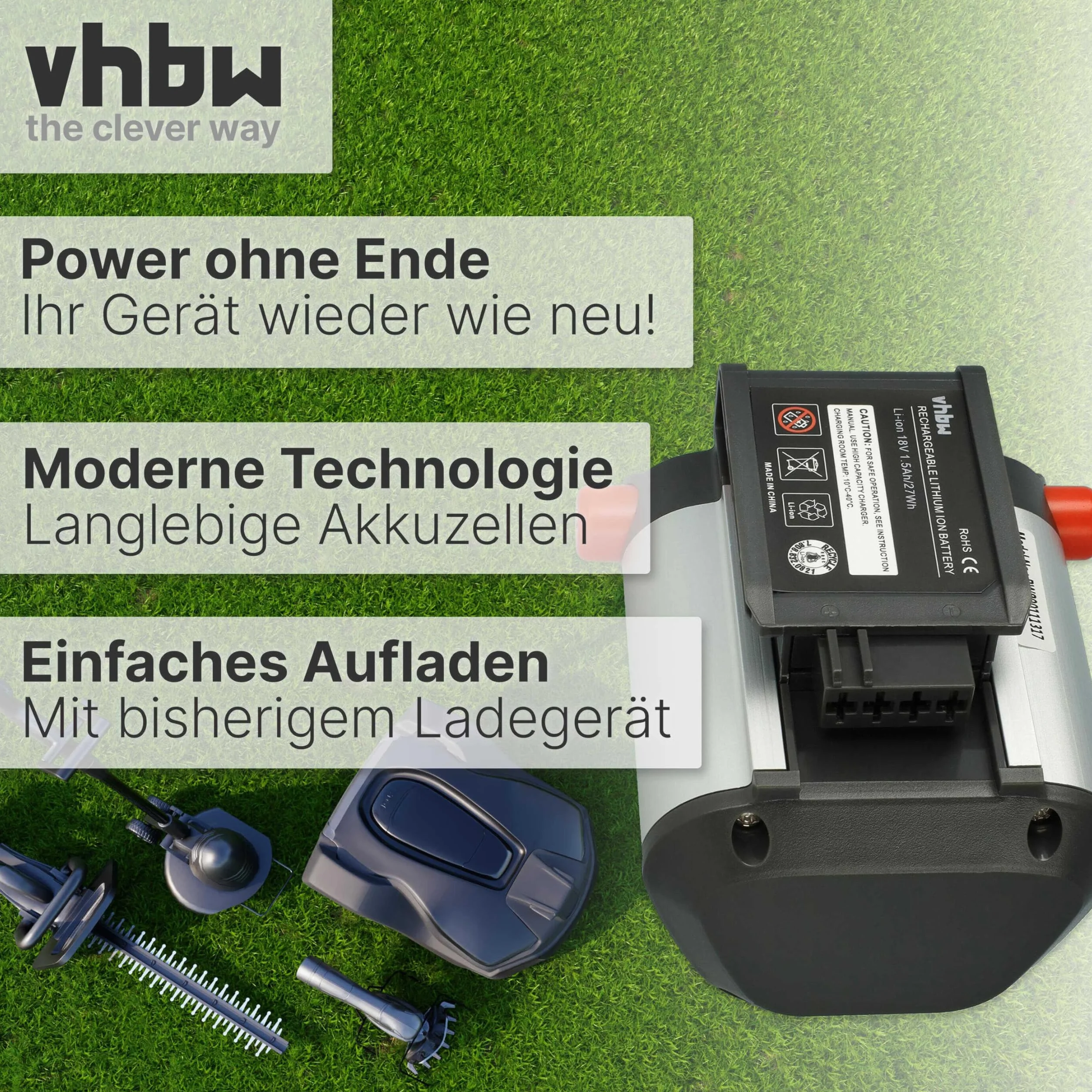 vhbw akumulator pasujący do kosiarki akumulatorowej Gardena PowerMax Li-18/32 i Allround dmuchawy AccuJet Li-18 jak BLi-18 (9840-20, 9839-20) - (Li-Ion, 1500 mAh, 18 V)