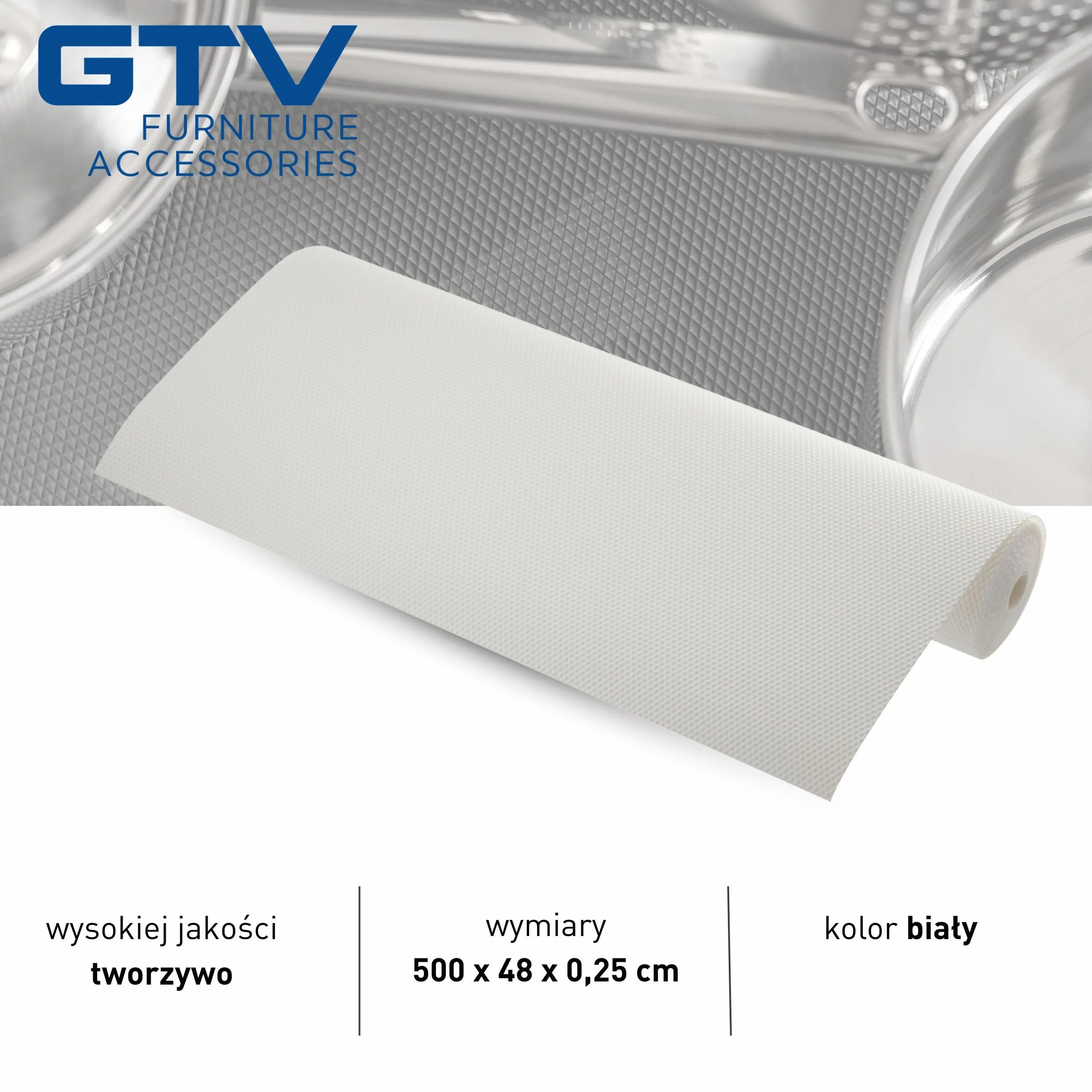 GTV Antypoślizgowa mata do szuflad 48 x 500 cm biała