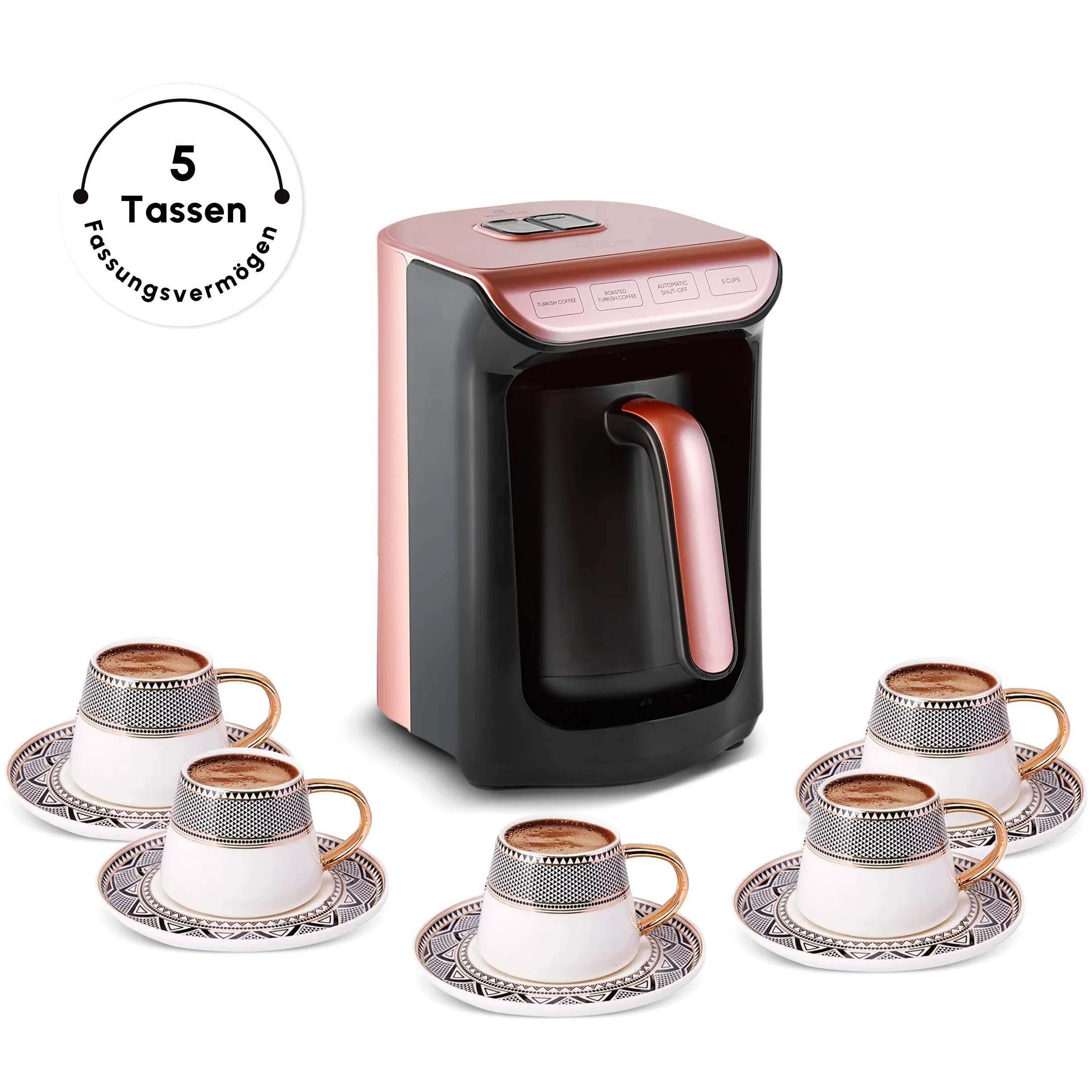 KARACA Hatır Roast turecki ekspres do kawy w kolorze różowego złota, pojemność 5 filiżanek, duża ilość piany, 535 W, system ostrzegania głosowego, system ostrzegania przed światłem, miarka, łatwe