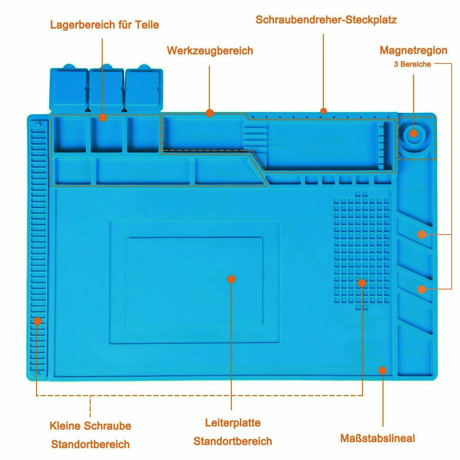 Silikonowa mata lutownicza, 45 x 30 cm, magnetyczna mata lutownicza ze skalą, mata robocza do lutowania, naprawy elementów elektronicznych, płytek drukowanych (niebieska)
