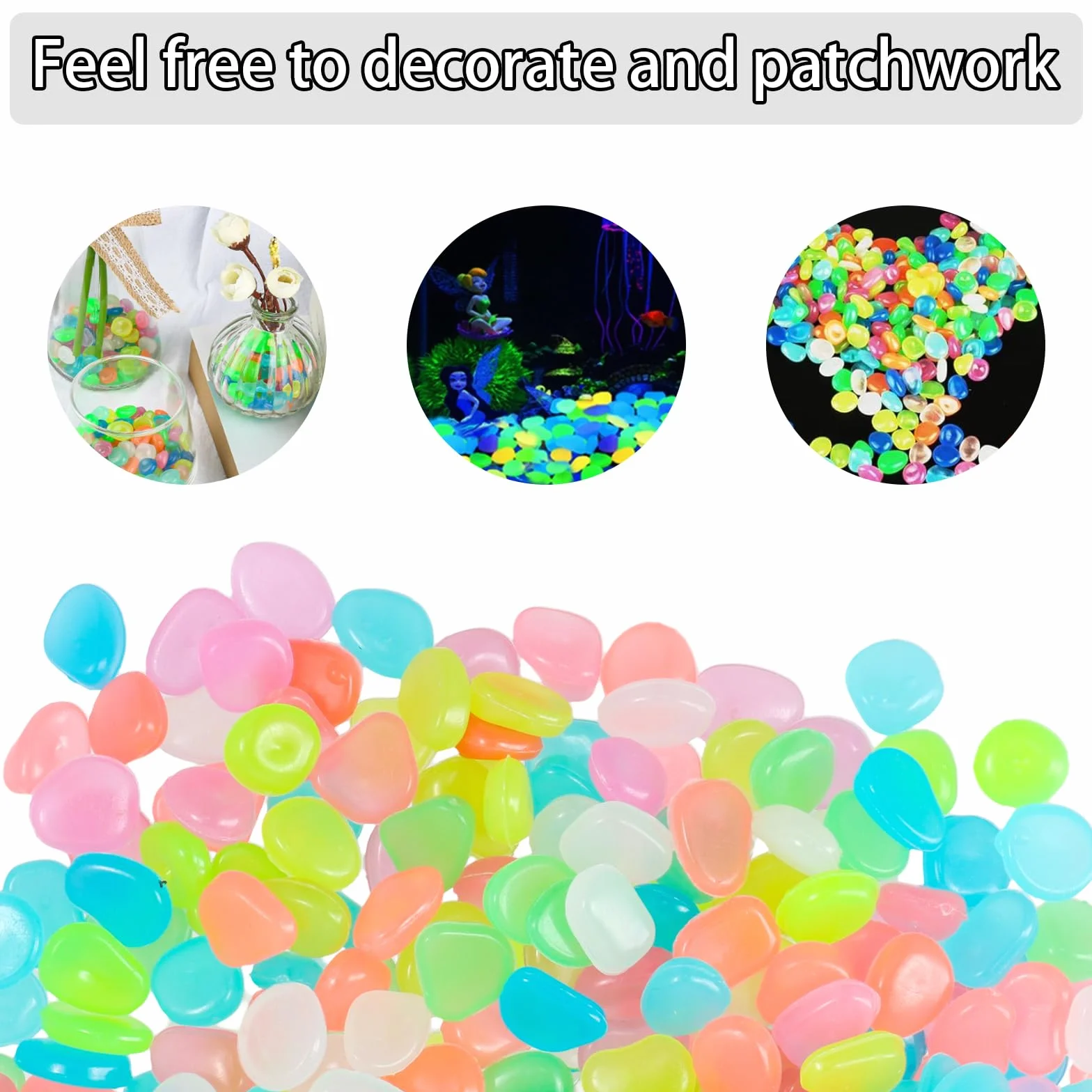 Kolorowe kamienie świecące, 300 fluorescencyjnych kamieni, świecące w ciemności kamienie kamykowe do akwarium, akwarium, ogród, balkon itp. (wielokolorowe)