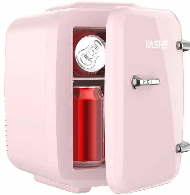 YASHE Mini lodówka do sypialni, 4 litry/6 puszek, mała lodówka, 220V AC / 12V DC, termoelektryczna chłodziarka i podgrzewacz, mini lodówka do napojów, biura, akademika, samochodu, różowa