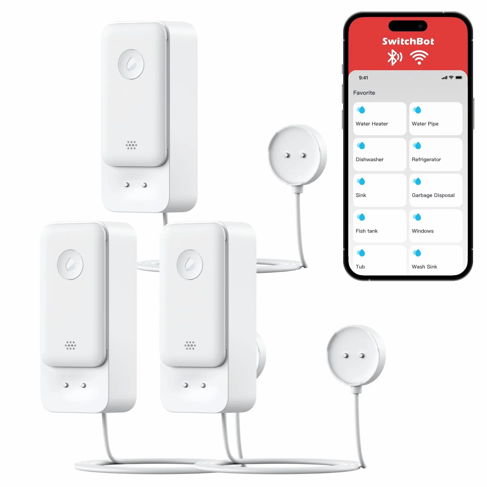 SwitchBot WLAN czujnik wody bez konieczności posiadania huba (tylko 2.4G), inteligentny czujnik wody 100dB Regulowany alarm i powiadomienia z aplikacji, wodoodporny IP67, czujnik wycieku wody do domu