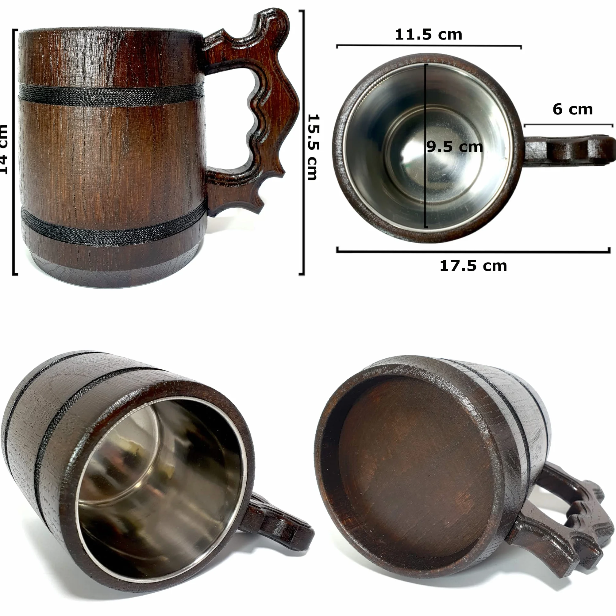 Drewniany Kufel do Piwa 500 ml z Dębu i Stali Nierdzewnej, Duży Kubek na Napoje, Made in UE (Diablo)