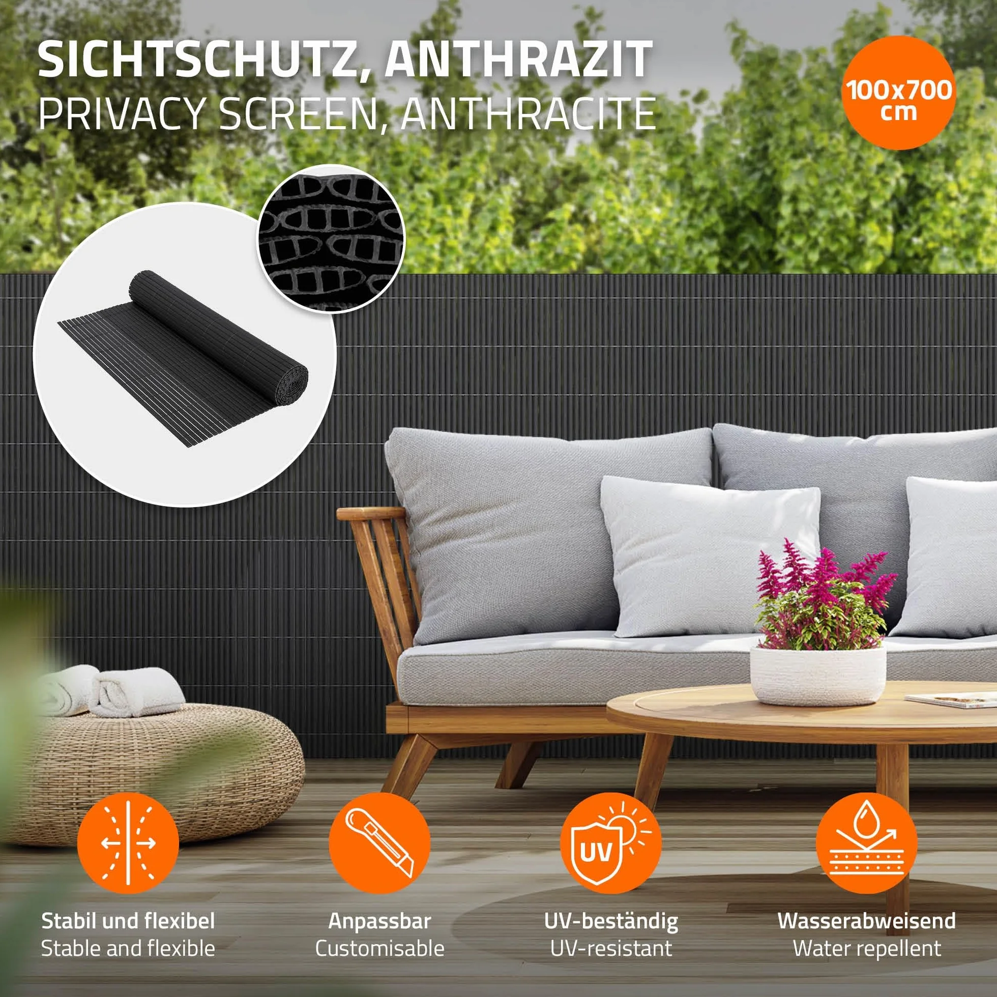 ECD Germany Mata parawanowa z PVC 100x700 cm (1x3m + 1x4m) antracyt, ogrodzenie zapewniajace prywatnosc, wzmocnienie 3-wagowe, odporne na promieniowanie UV, parawan balkonowy parawan do ogrodu tarasu