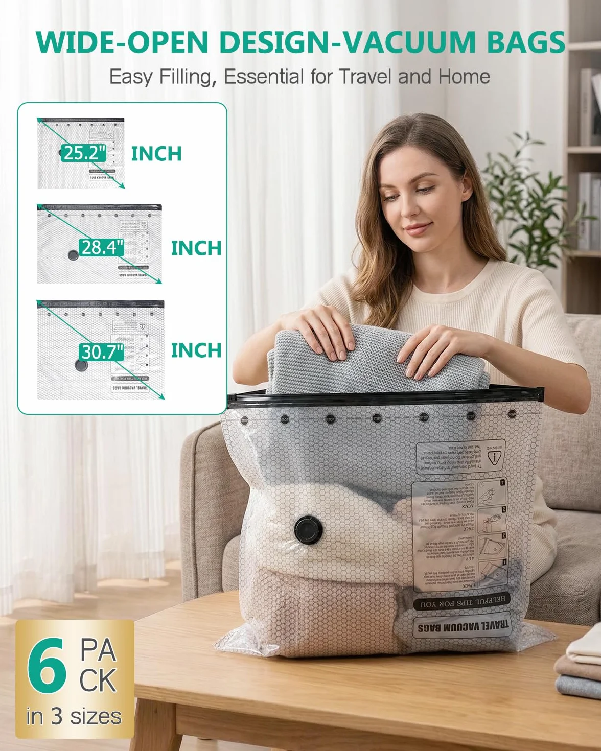 Worki próżniowe do ubrań z bezprzewodową elektryczną pompą próżniową, ORIA worki próżniowe wielokrotnego użytku, 6 sztuk worków próżniowych (2 x 50 x 40 cm, 2 x 60 x 40 cm, 2 x 60 x 50 cm) na kołdry