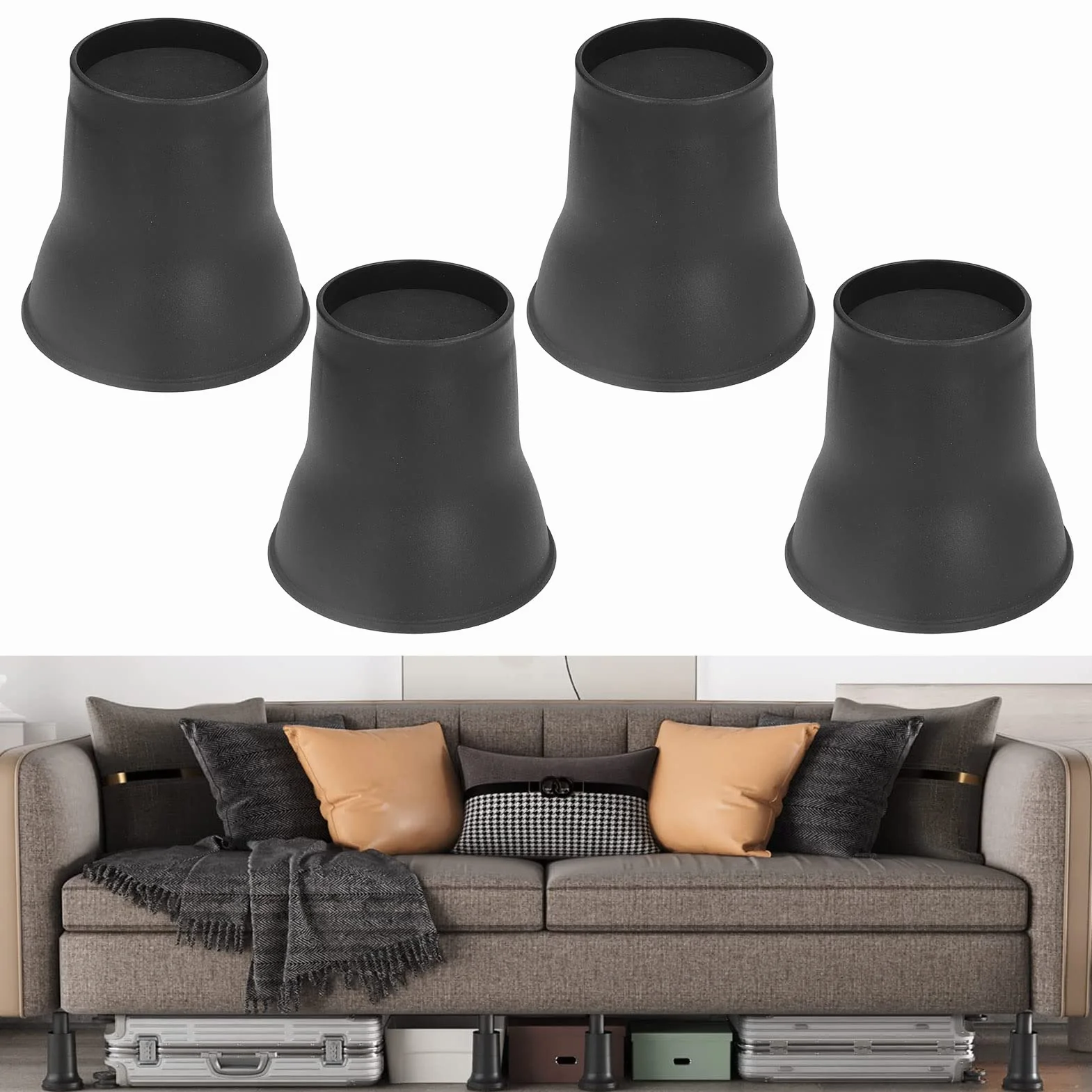 4 Szt. Meble Podstawki do Łóżek 6 Cali Ciężkie Podnośniki w Kształcie Rogu Czarne Plastikowe Szafki na Stopy Podnóżek Antypoślizgowe Podkładki EVA Heavy Duty Riser Sofa Zestaw Stołów