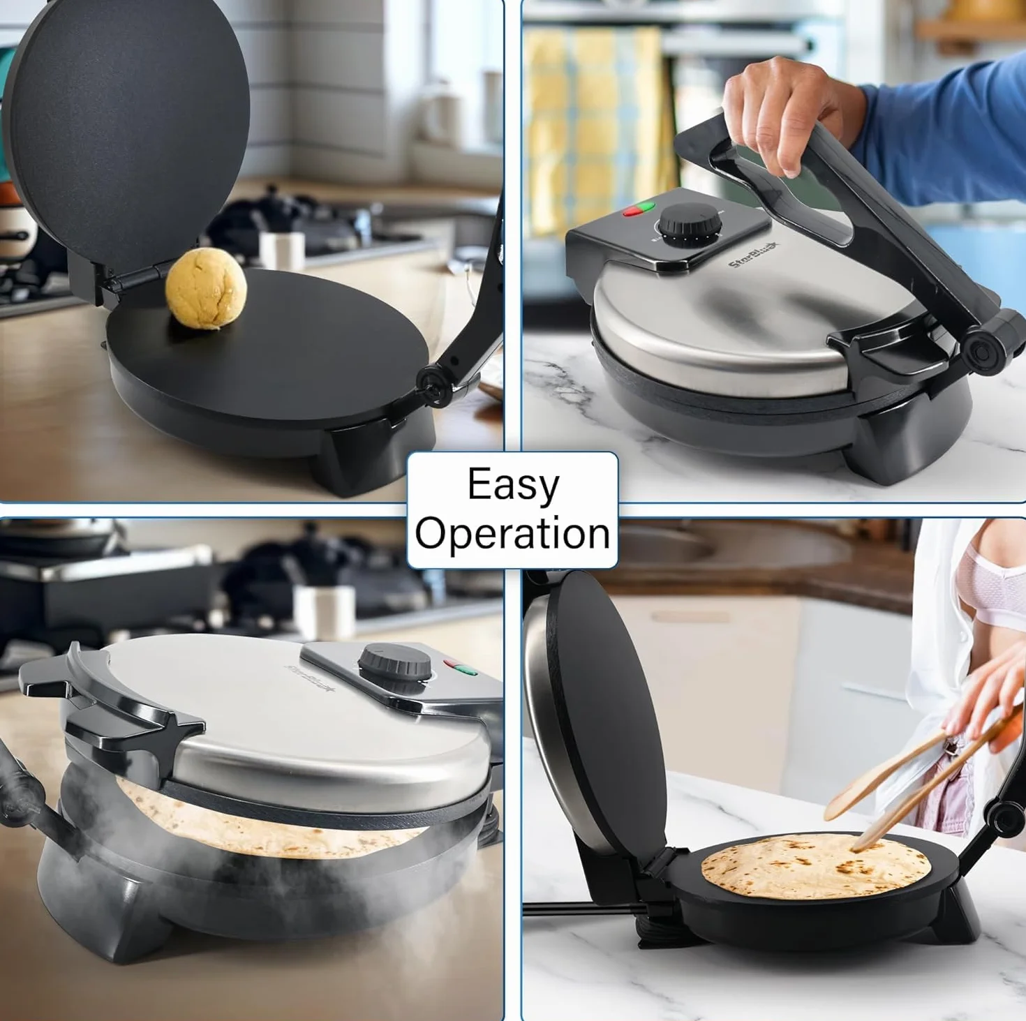 Roti Maker 25,4 cm firmy StarBlue z bezpłatnym ogrzewaczem Roti i zdejmowanym uchwytem – indyjskie chapati, tortilla, Roti AC220-240 V 50/60 Hz 1200 W, wtyczka UE