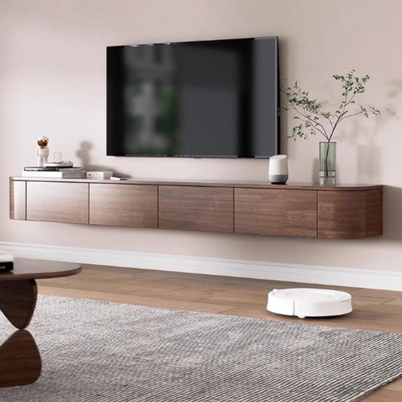 Pływająca konsola telewizyjna, szafka ścienna, szafka do przechowywania, szafka pod telewizor z szufladami i routerem (brązowa B + LED, 200 x 20 x 30 cm)