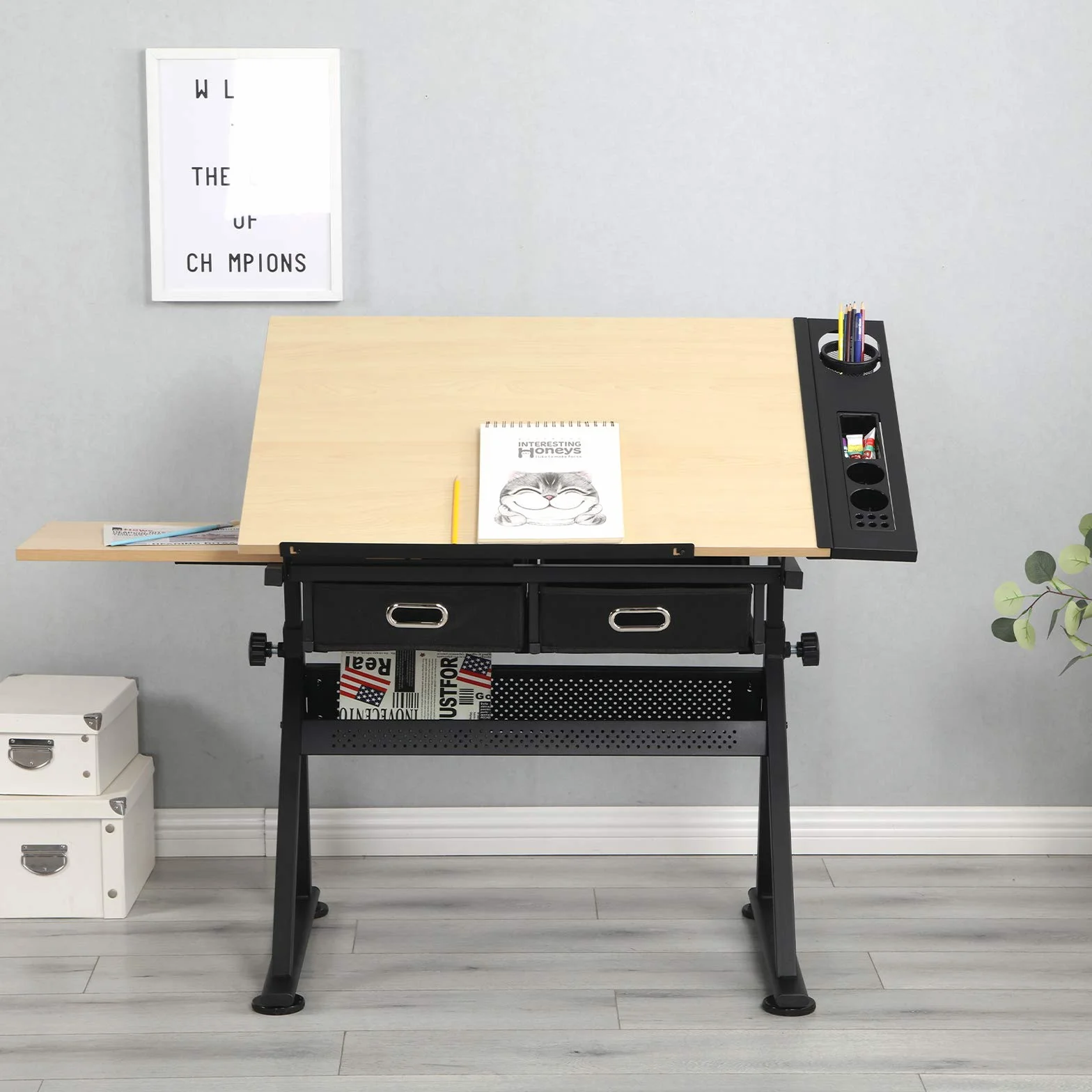 MIADOMODO® Stół do rysowania – uchylny, 115x60 cm, regulowana wysokość, MDF, stołek, 2 szuflady – stół kreślarski, artystyczny, techniczny