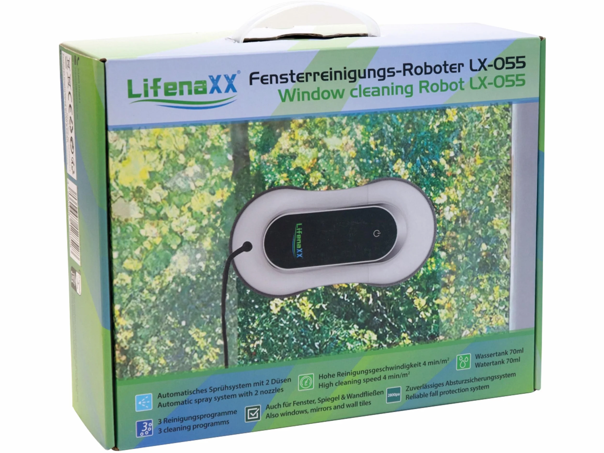 Lifenaxx Zaawansowany robot do czyszczenia okien LX-055, elektryczny odkurzacz do okien z 2 dyszami natryskowymi, wysoka siła ssania, duży zbiornik na wodę 70 ml, pilot zdalnego sterowania – idealny