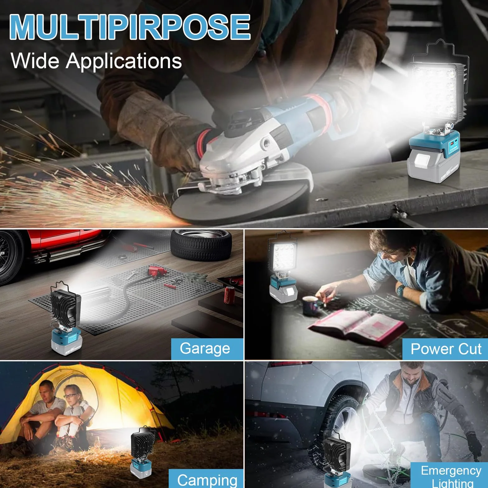 QUPERR Lampa bezprzewodowa kompatybilna z Makita 18V, 48W 5800LM LED lampa robocza, przenośny reflektor z USB i Type-C do auta, kempingu i awaryjnego oświetlenia (bez akumulatora)