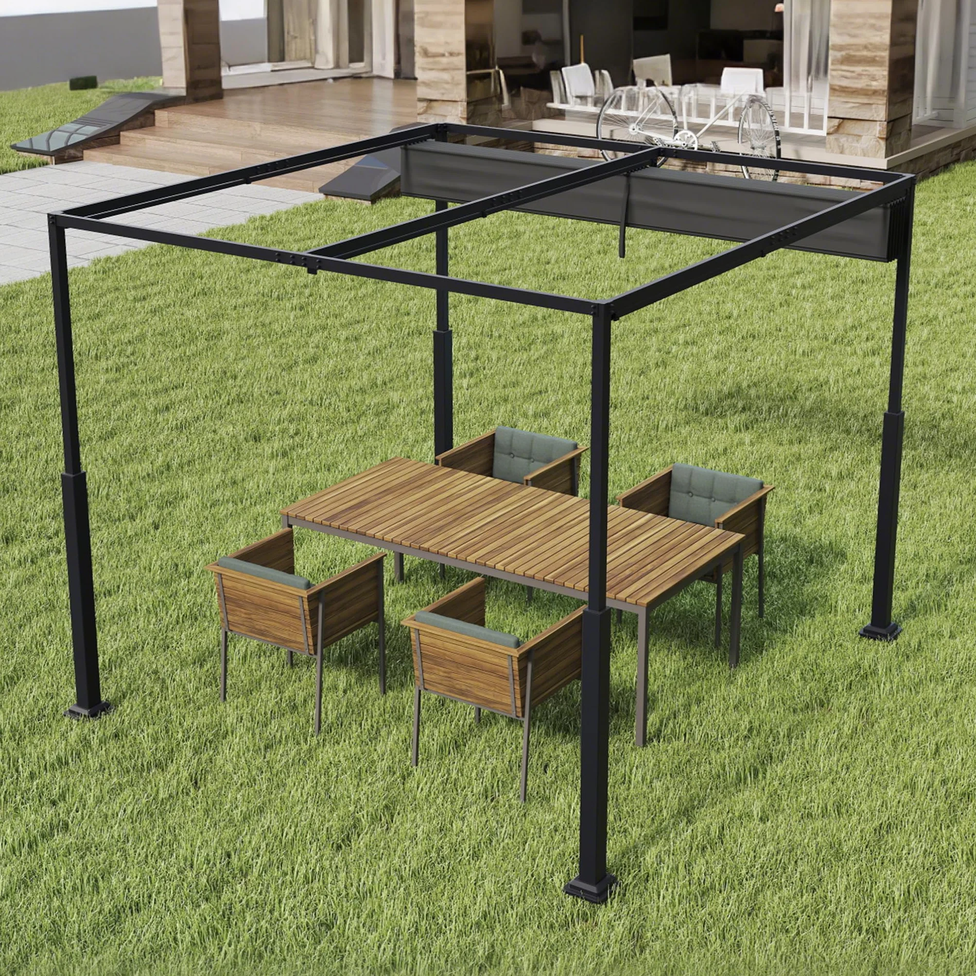 ACXIN Pergola z przesuwnym dachem, zadaszenie tarasu ze stalowej ramy, wodoodporny poliester powlekany PA 160 g, wolnostojący pawilon ogrodowy z regulowaną ochroną przed słońcem (czarna, 3 x 3 m)