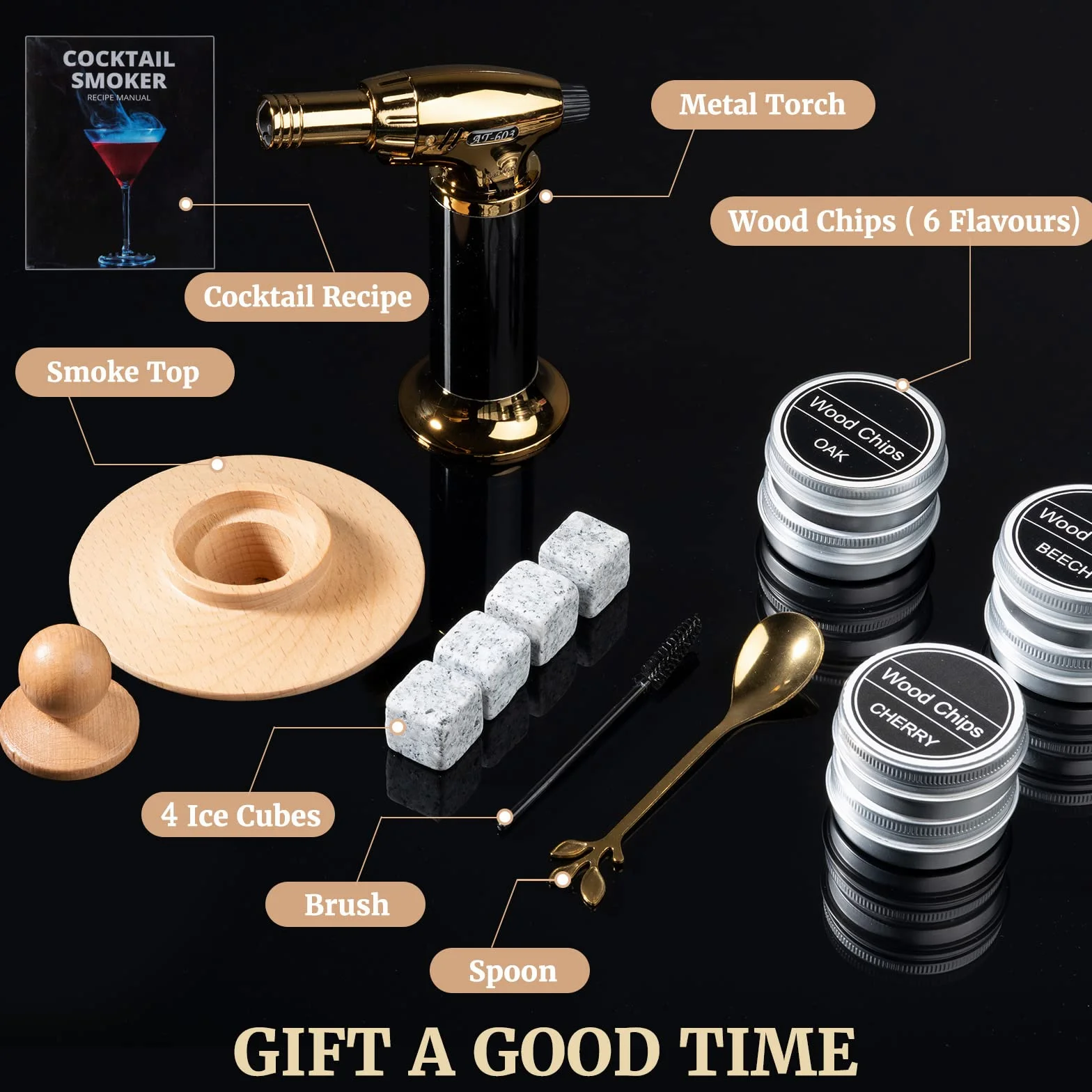 Zestaw Whisky Smoker – Old Fashioned Cocktail Gift Set z 6 Wiórkami Drzewnymi, 4 Kamieniami Granitowymi do Whisky i Palnikiem – Idealny Prezent dla Miłośników Whisky i Koktajli (bez butanu)