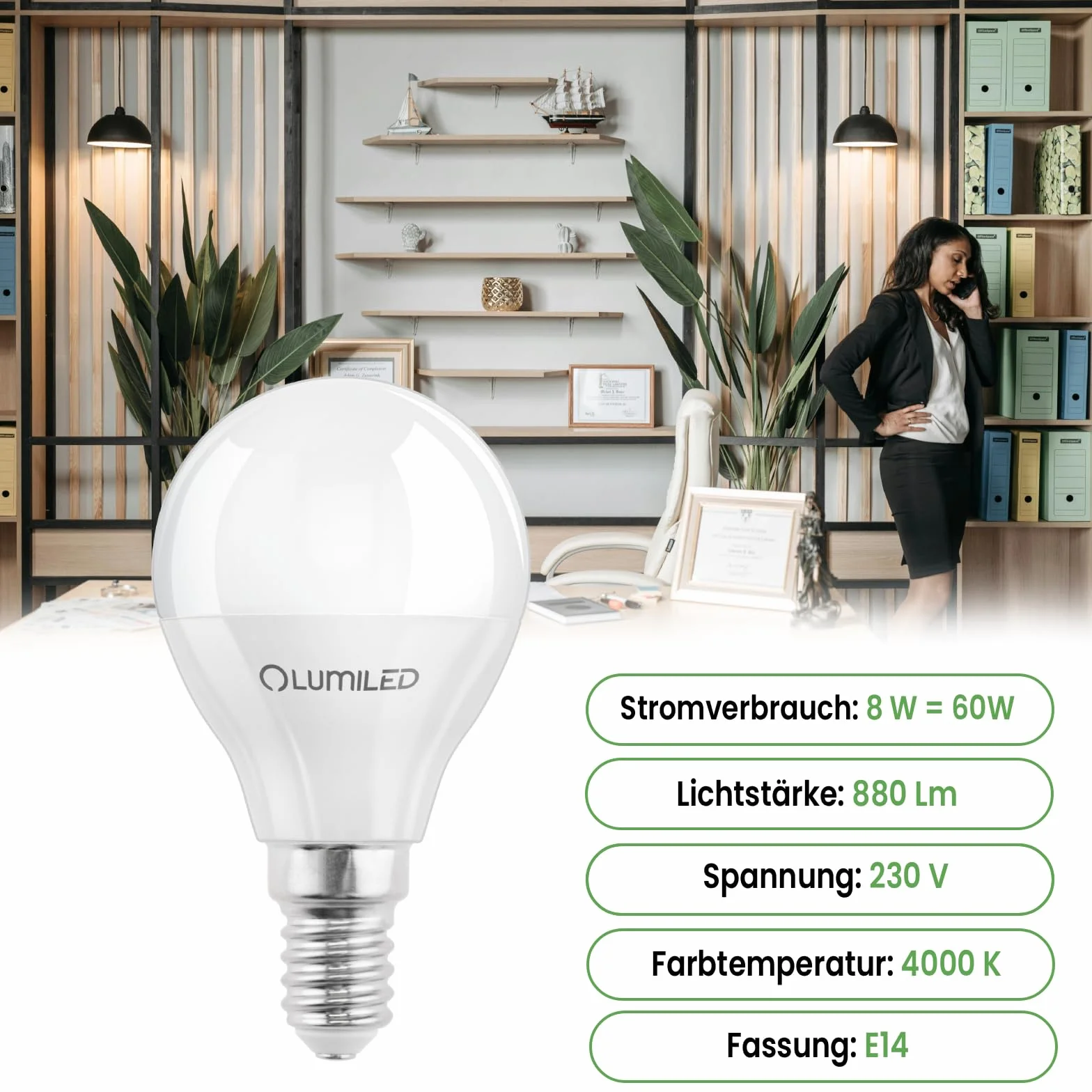 Lumiled Żarówka LED E14 P45 8W 880lm 4000K Neutralna Biel 180° Zamiennik 60W Nieściemnialna Kształt małej kropli Energooszczędna Zestaw 6 szt.