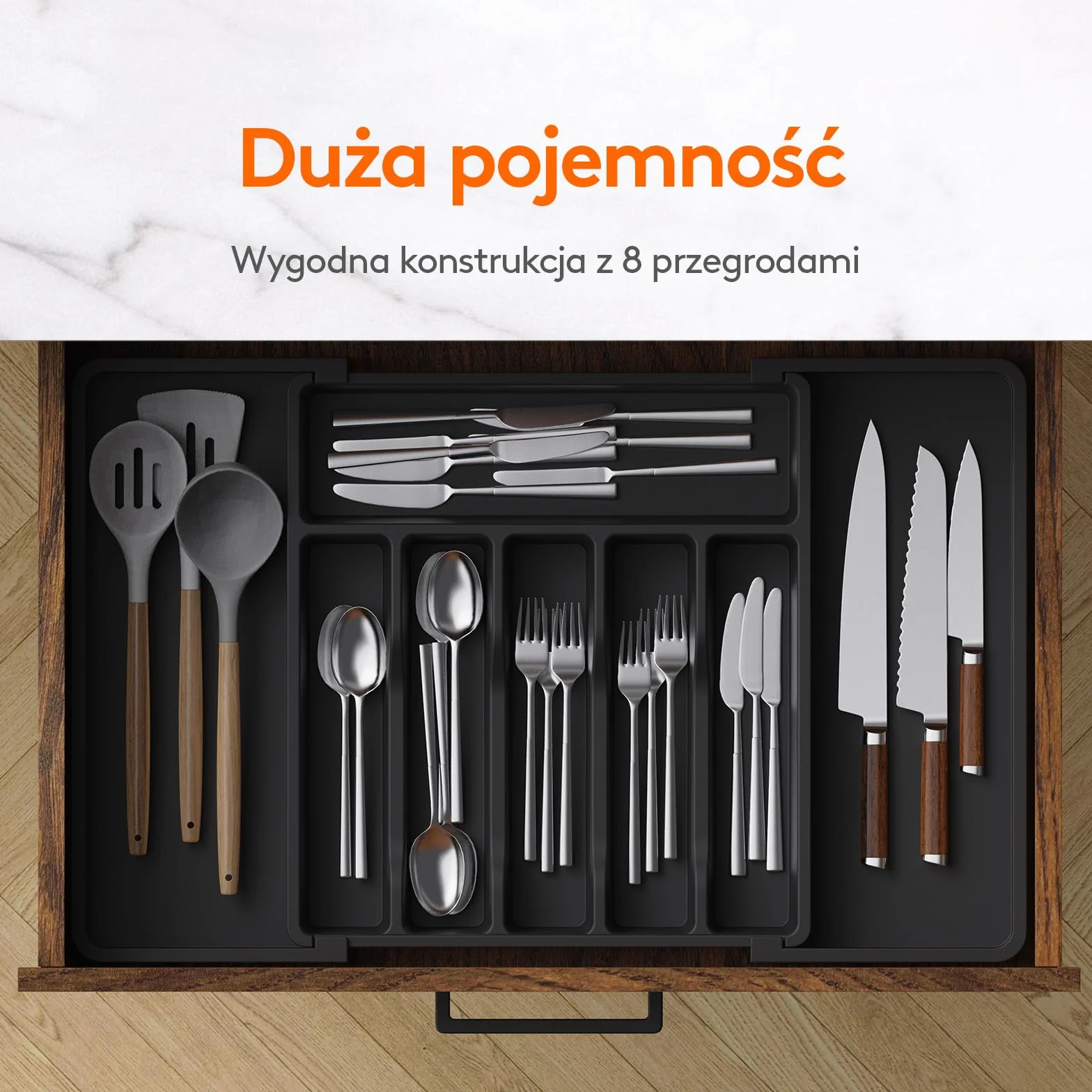 Lifewit Rozszerzalna Taca na Sztućce do Szuflady, Regulowany Uchwyt, Plastikowa, 2 szt, Czarny