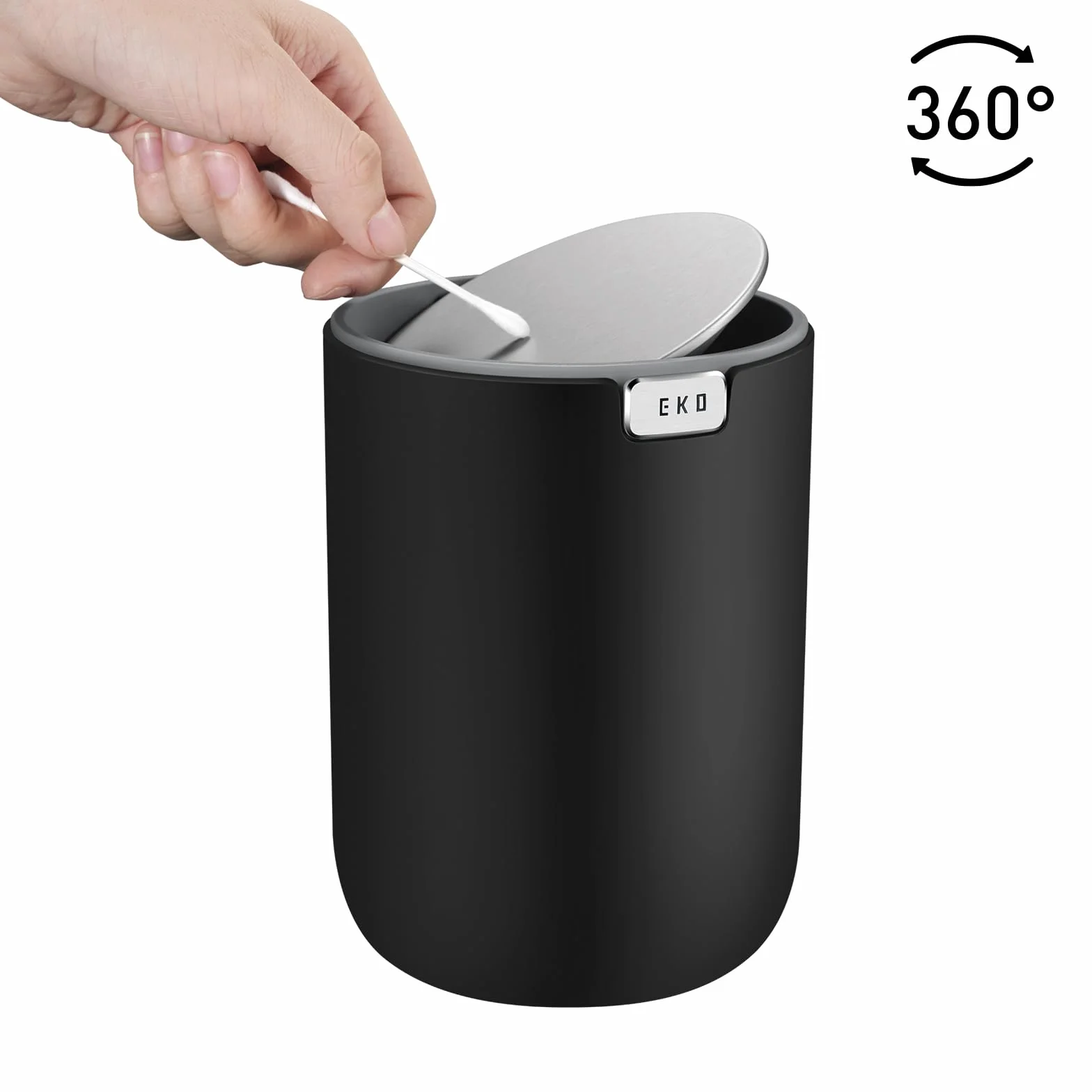 EKO Mini Desk Trash Can with Swing-Top Lid 0.4 Gallon Small Table Round Wastebasket for Office, Home, Car (Black)
