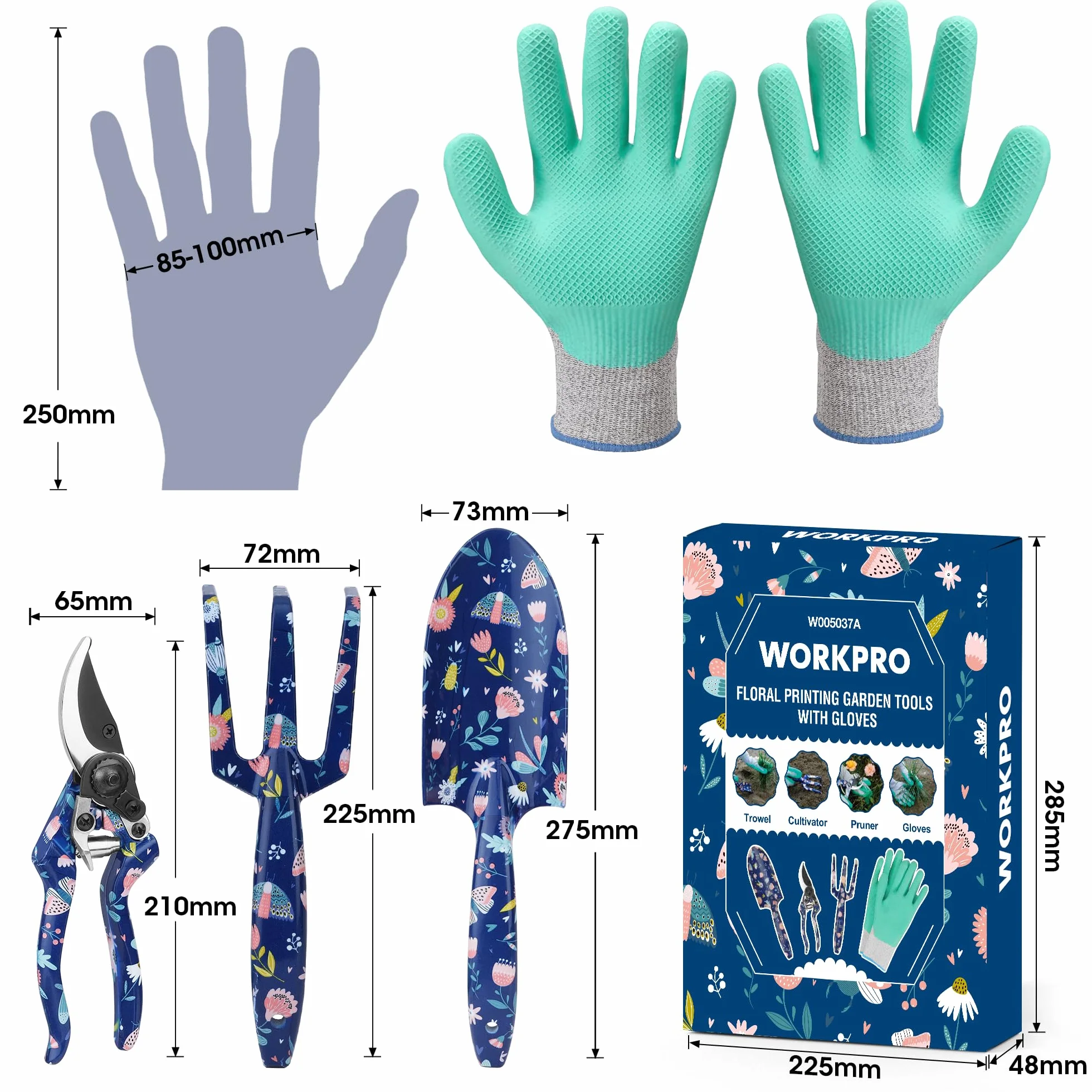 WORKPRO Zestaw 4 sztuk narzędzi ogrodniczych, narzędzia ręczne ze stali nierdzewnej z ergonomicznym uchwytem, w tym sekator, kiełnia, widelec ręczny i rękawice ogrodnicze - niebieskie