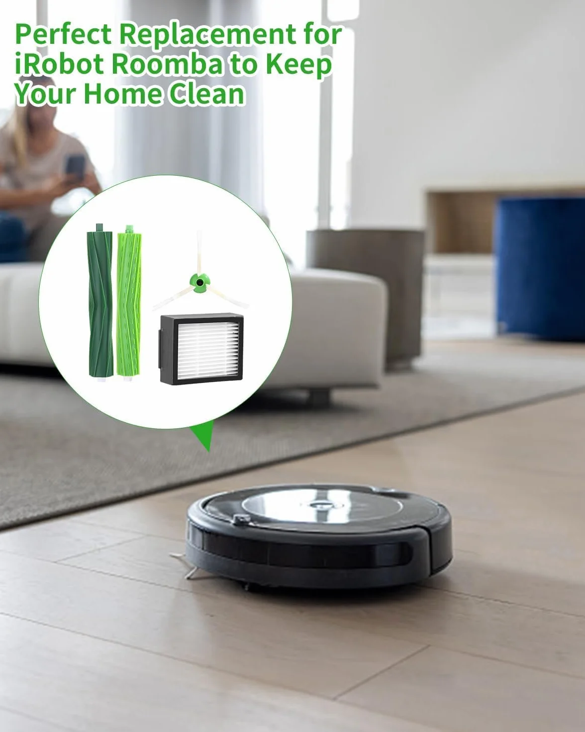 Akcesoria do iRobot Roomba serii E&I&J i7+ i3 i3+ i4 i4+ i6 i6+ j7 j7+ i8 i8+ E5 E6 E7, szczotki odkurzacza, 1 zestaw gumowych szczotek, 4 filtry, 6 szczotek bocznych