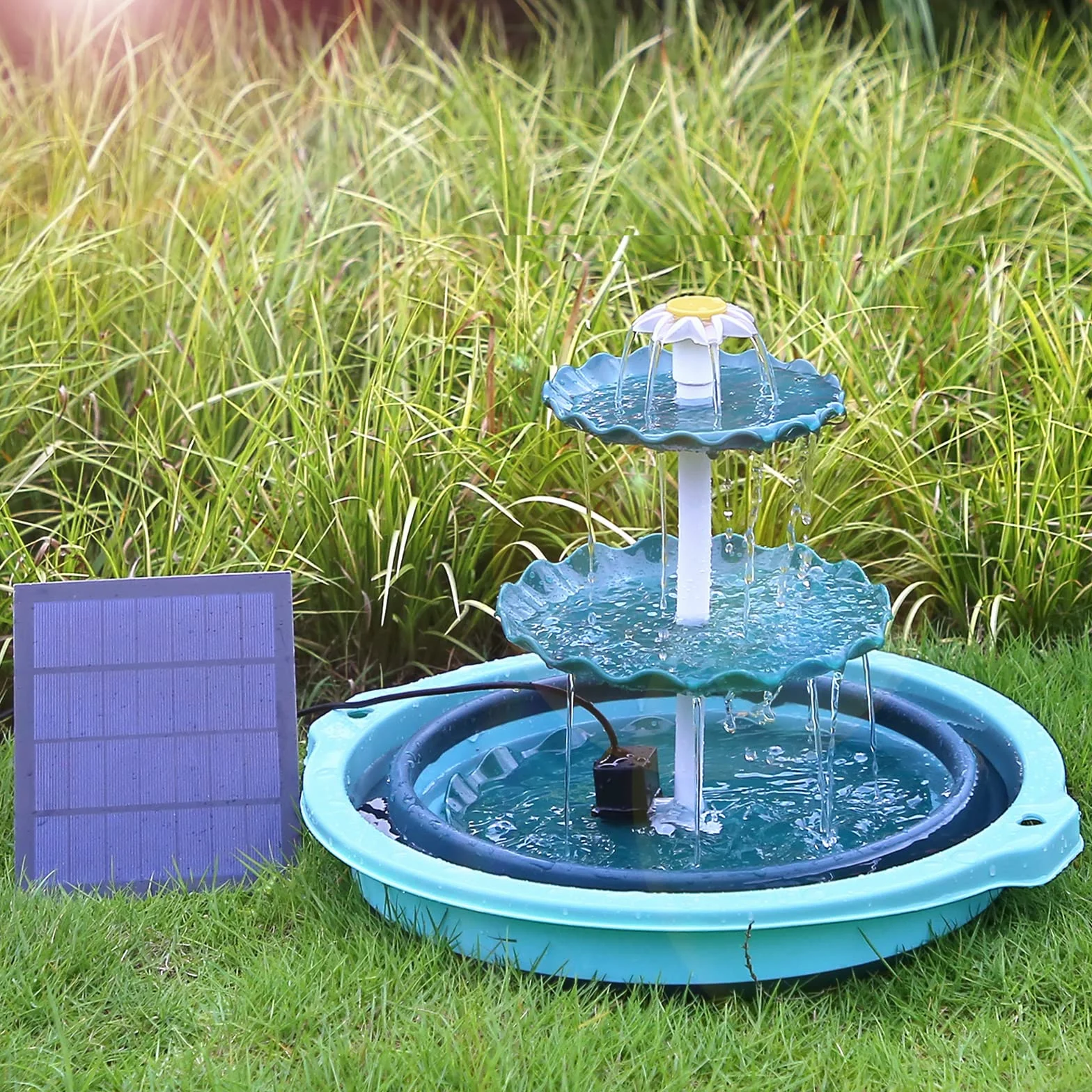 AISITIN Kąpiel dla ptaków 3-poziomowa z pompą solarną 3,5 W, do samodzielnego wykonania, odczepiana fontanna solarna i odpowiednia do kąpieli dla ptaków, dekoracji ogrodu na zewnątrz, karmnik dla