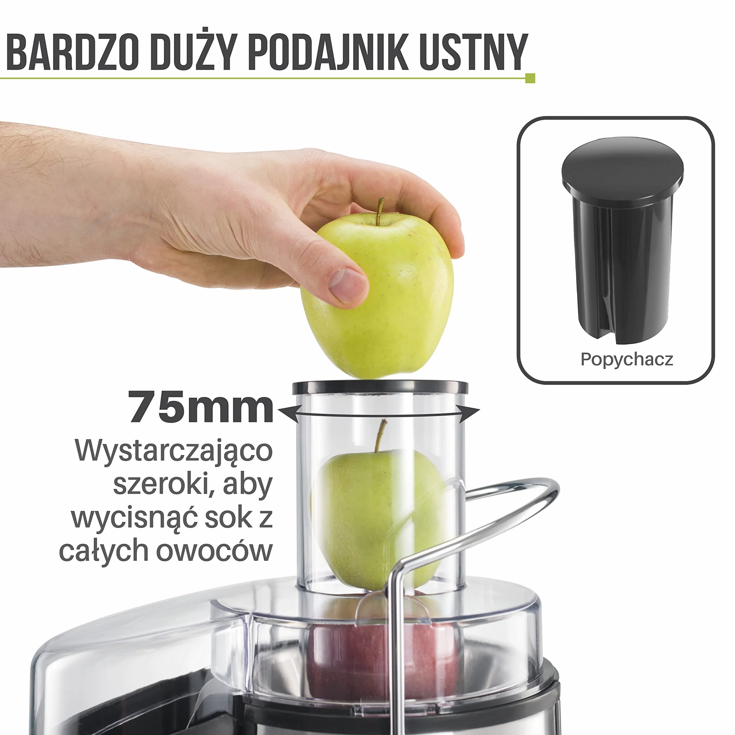 Twinzee Odśrodkowa sokowirówka do warzyw i owoców, elektryczna wyciskarka do soków z warzyw i owoców, wydajna 850 W, 2 poziomy prędkości, duży otwór do napełniania (75 mm), antypoślizgowe nóżk